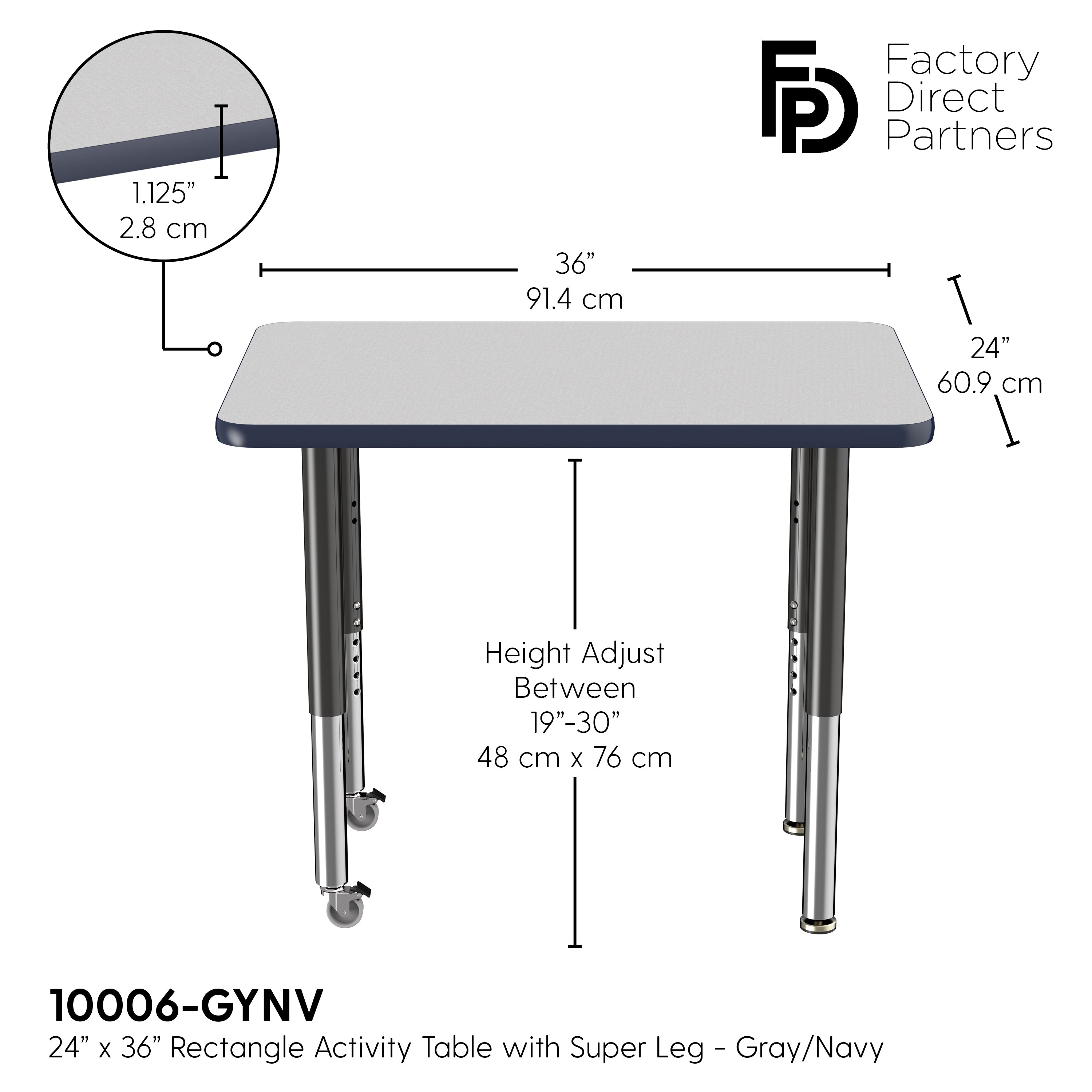 24" x 36" Rectangle T-Molding Activity Table with Adjustable Super Legs - Gray/Navy/Black