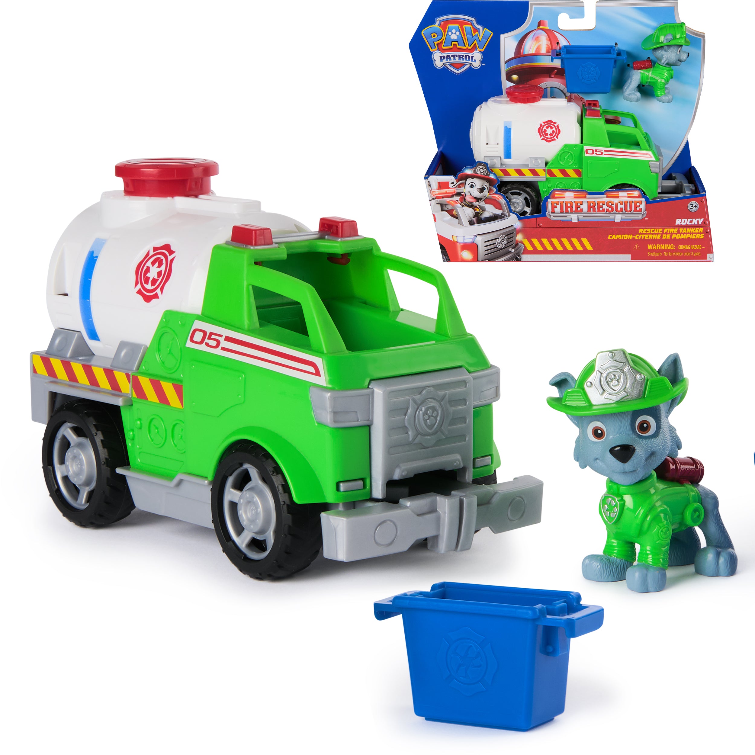 PAW Patrol Fire Rescue: Rocky Rescue Fire Tanker with Action Figure, Grab Claw and Toy Truck, Kids Toys for Boys & Girls Ages 3 and Up