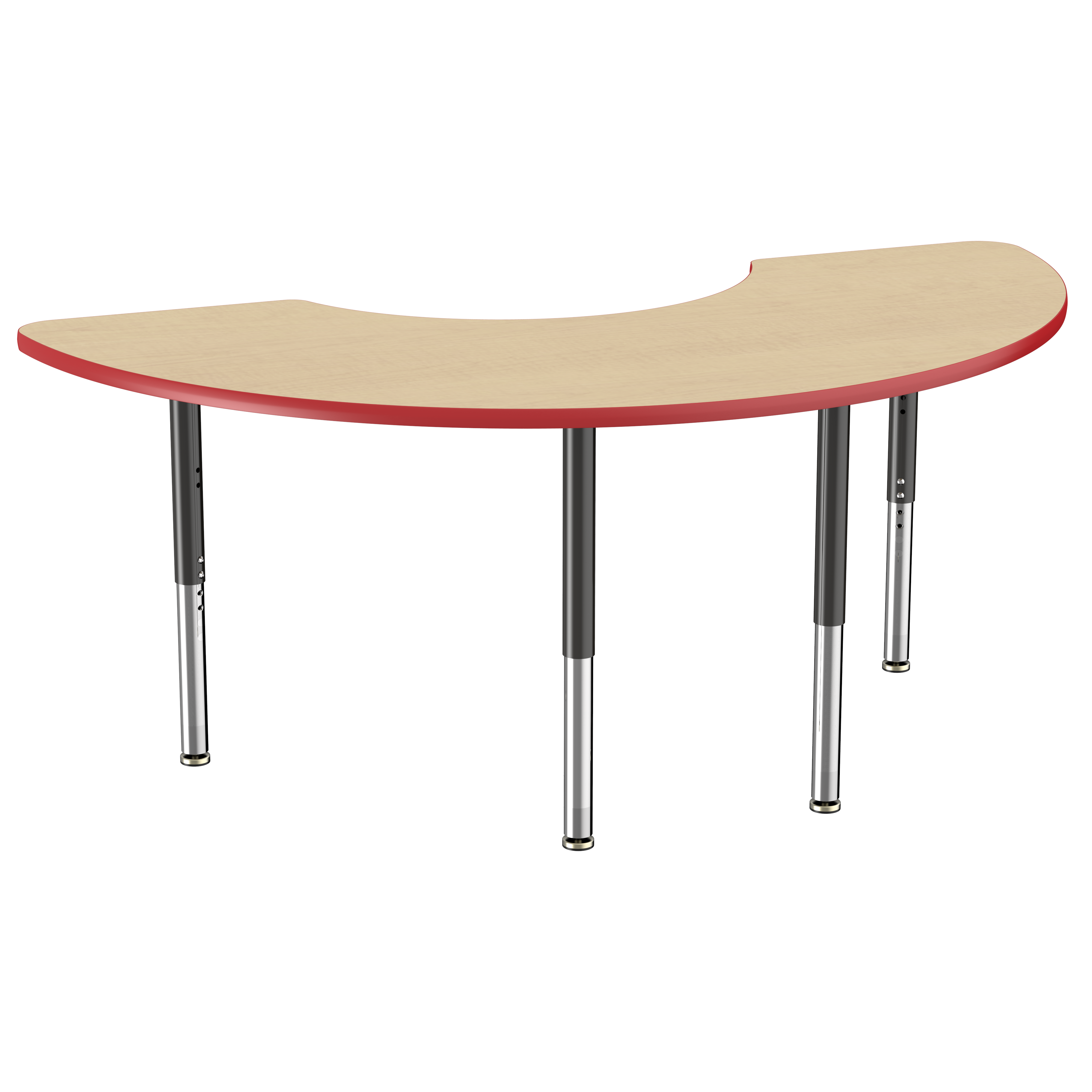 36" x 72" Half Moon T-Molding Activity Table with Adjustable Super Legs - Maple/Red/Black