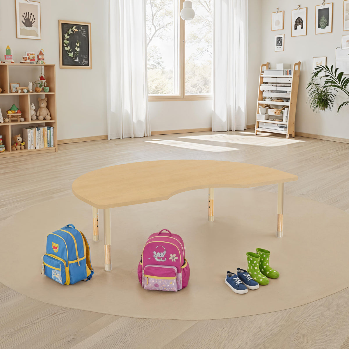 48" x 72" Kidney Thermofused Activity Table with Adjustable Chunky Wood Legs - Maple Grain/Sand/Natural