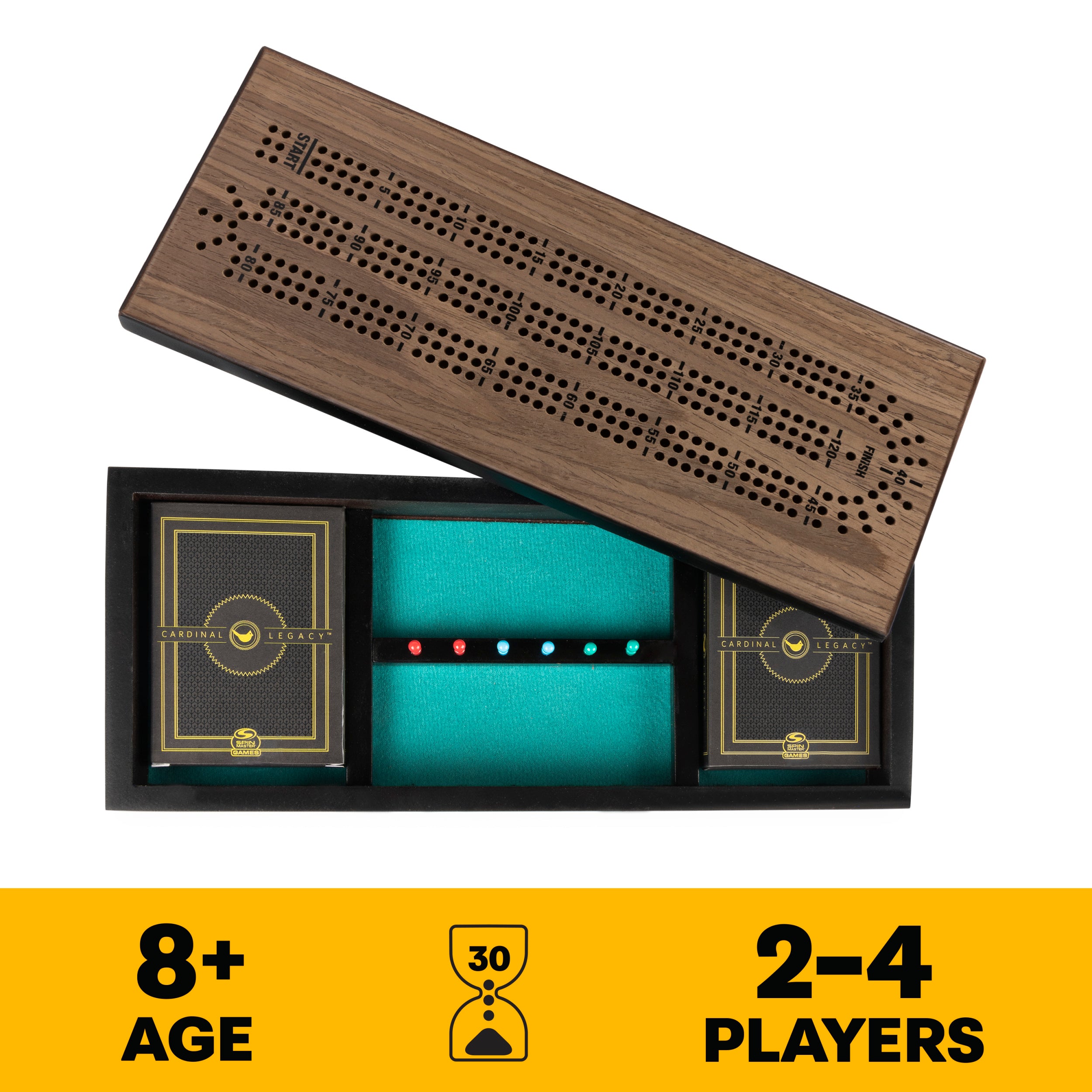 Legacy Deluxe Cribbage Classic Game with Lined Wooden Case and Colored Metal Movers, Family Game for 2 to 4 Players Ages 8 and up