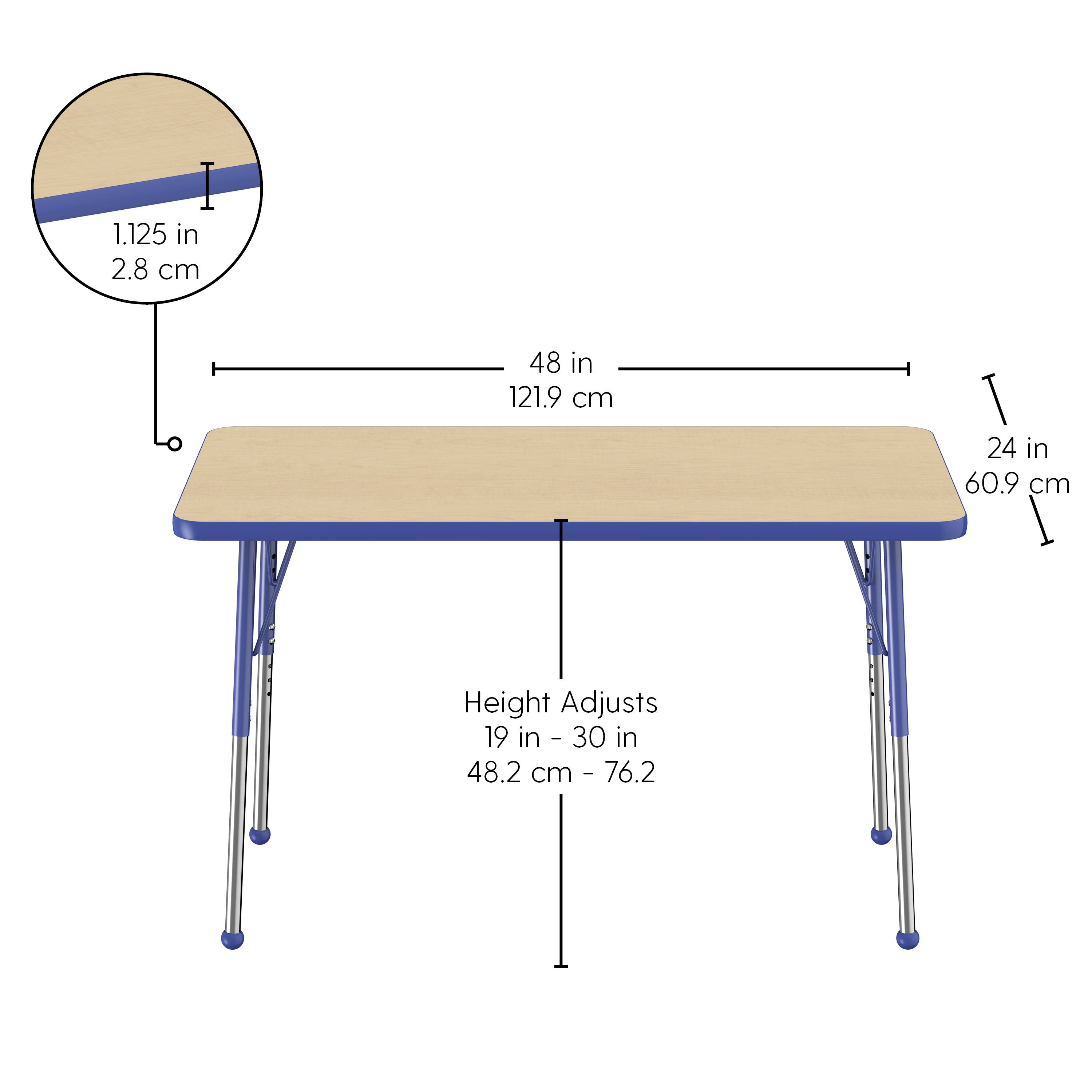 24" x 48" Rectangle T-Molding Activity Table with Adjustable Standard Ball Glide Legs - Maple/Blue
