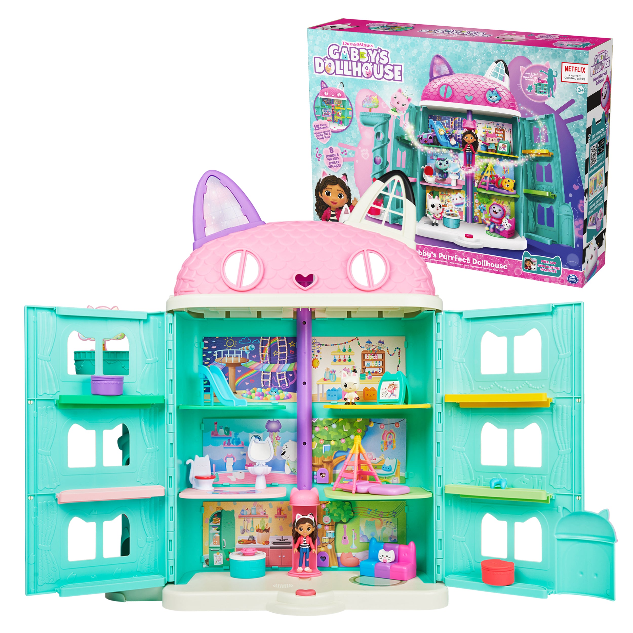 Gabby’s Dollhouse, Purrfect Dollhouse with 2 Toy Figures, 8 Furniture Pieces, 3 Accessories, 2 Deliveries and Sounds, Kids Toys for Ages 3 and up