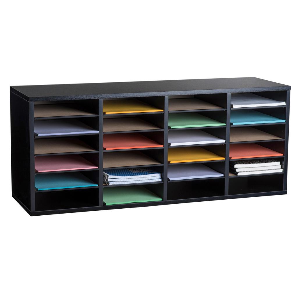 Wood Adjustable 24 Compartment Literature Organizer, Black Mesh 5-Slot Black Desktop Organizer