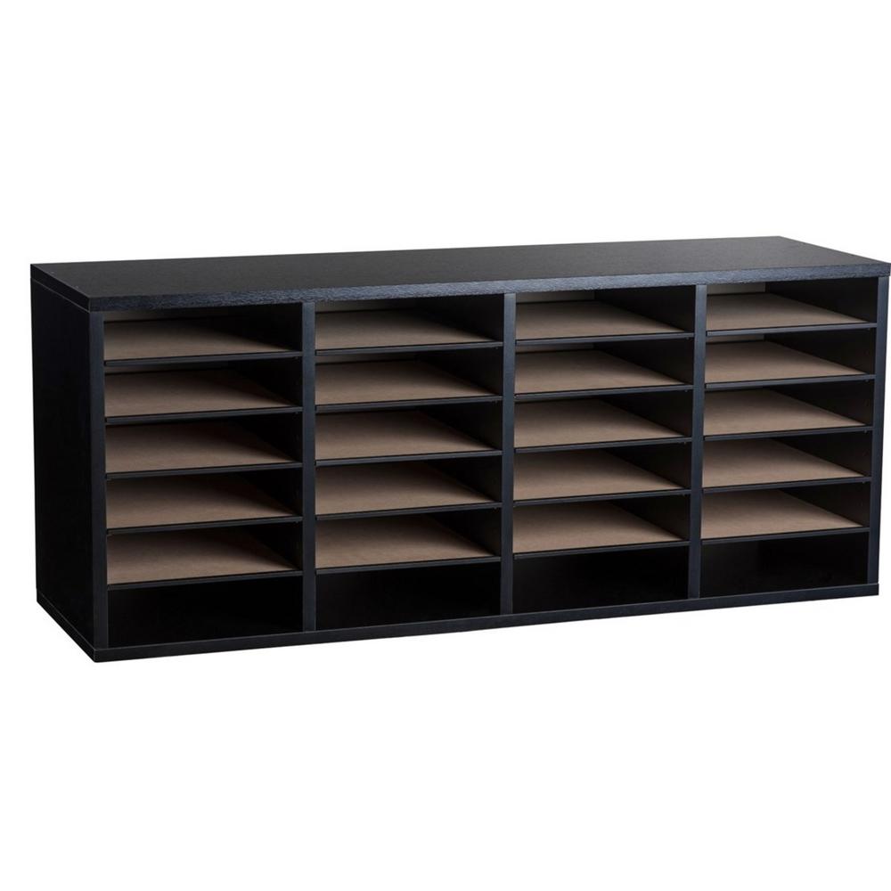 Wood Adjustable 24 Compartment Literature Organizer, Black Mesh 5-Slot Black Desktop Organizer