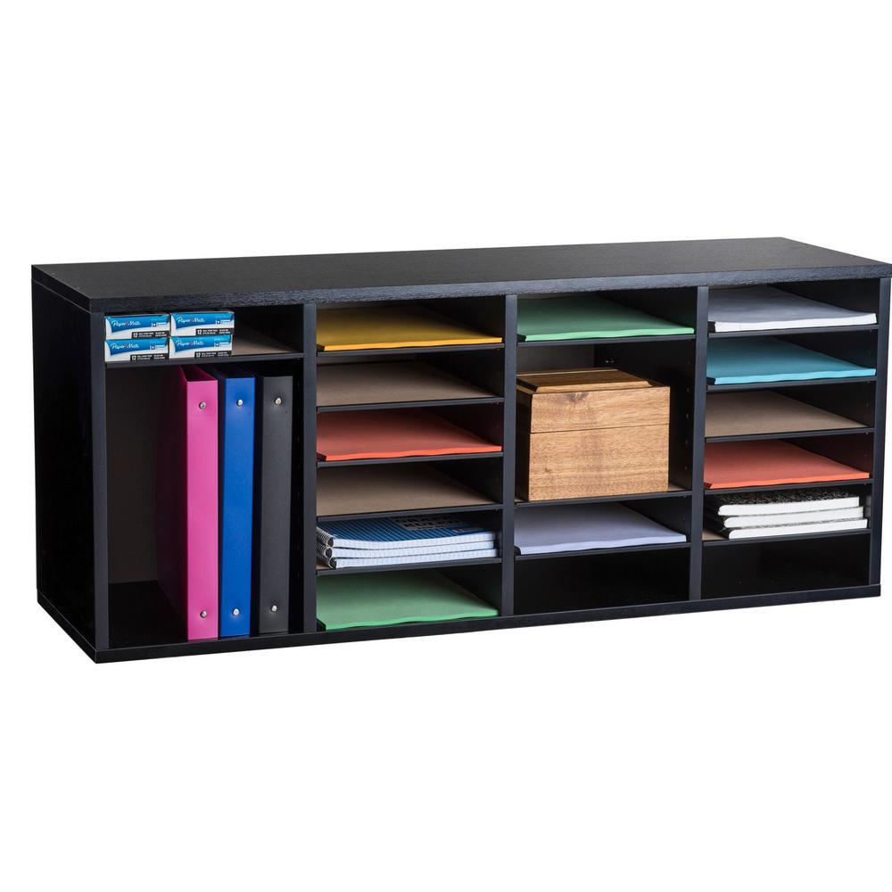 Wood Adjustable 24 Compartment Literature Organizer, Black Mesh 5-Slot Black Desktop Organizer
