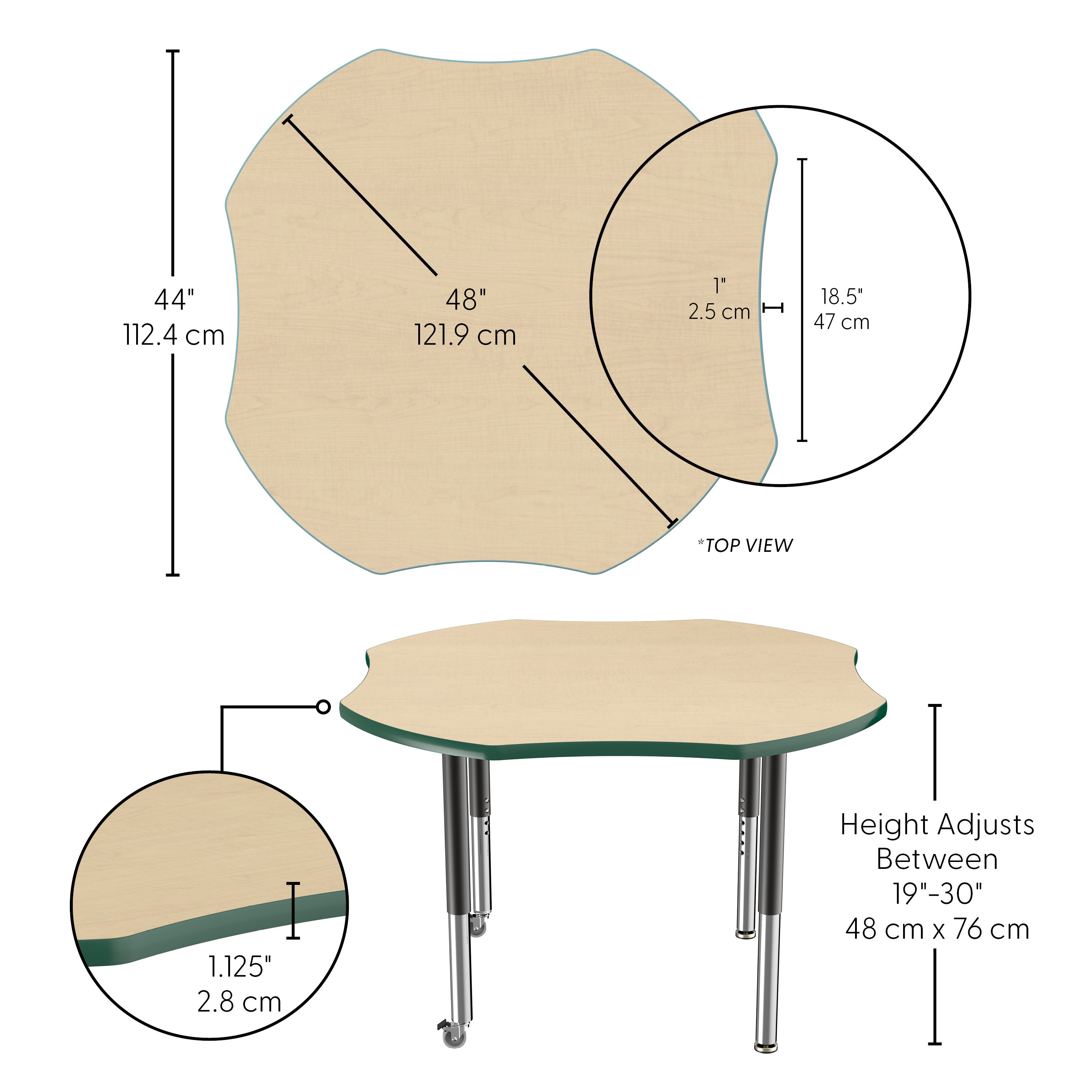 48" x 48" Clover T-Molding Activity Table with Adjustable Super Legs - Maple/Green/Black