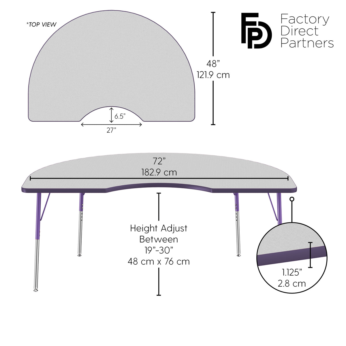 48" x 72" Kidney T-Molding Activity Table with Adjustable Standard Swivel Glide Legs - Gray/Purple