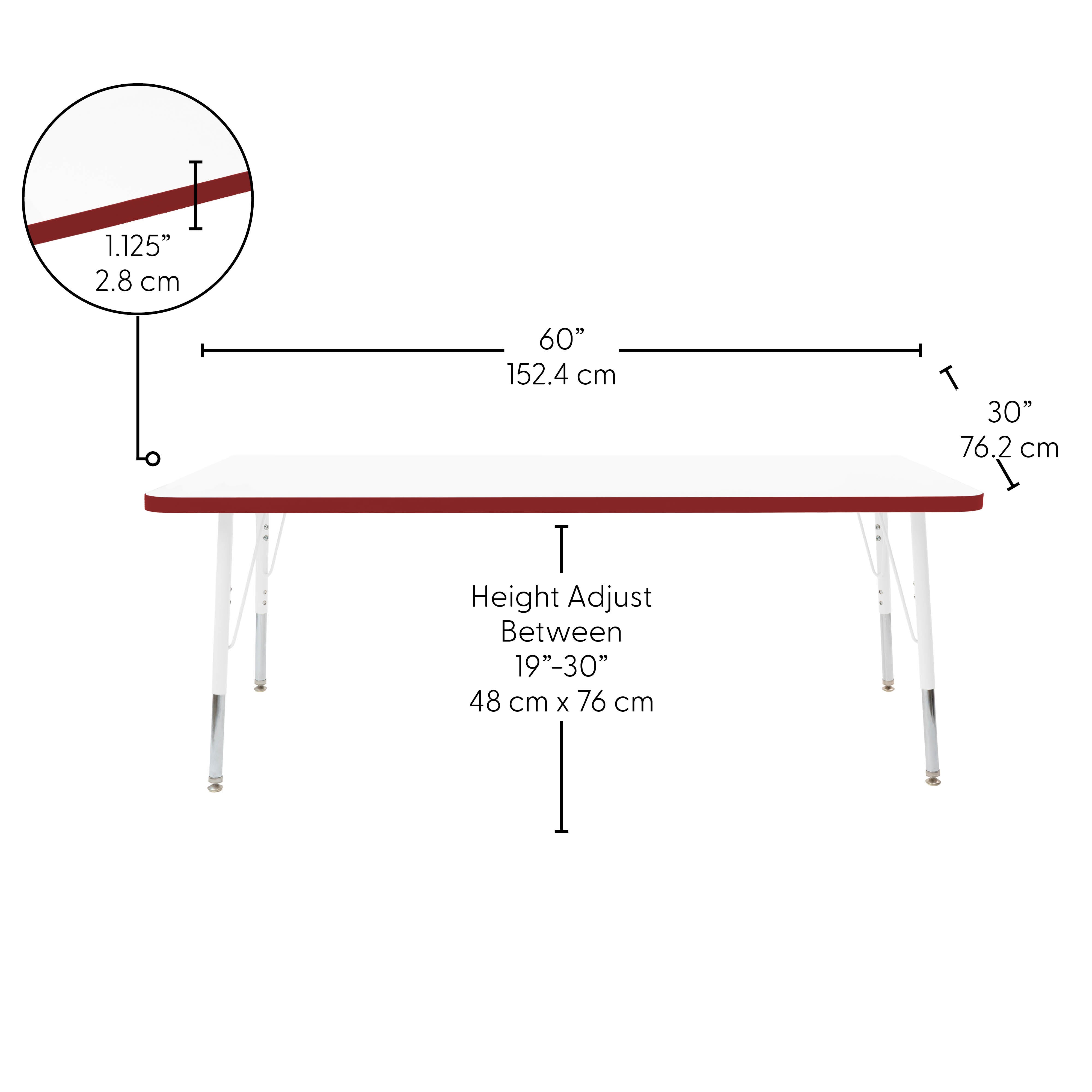 30" x 60" Rectangle Thermofused Activity Table with Adjustable Standard Swivel Glide Legs - White/Burgundy/White