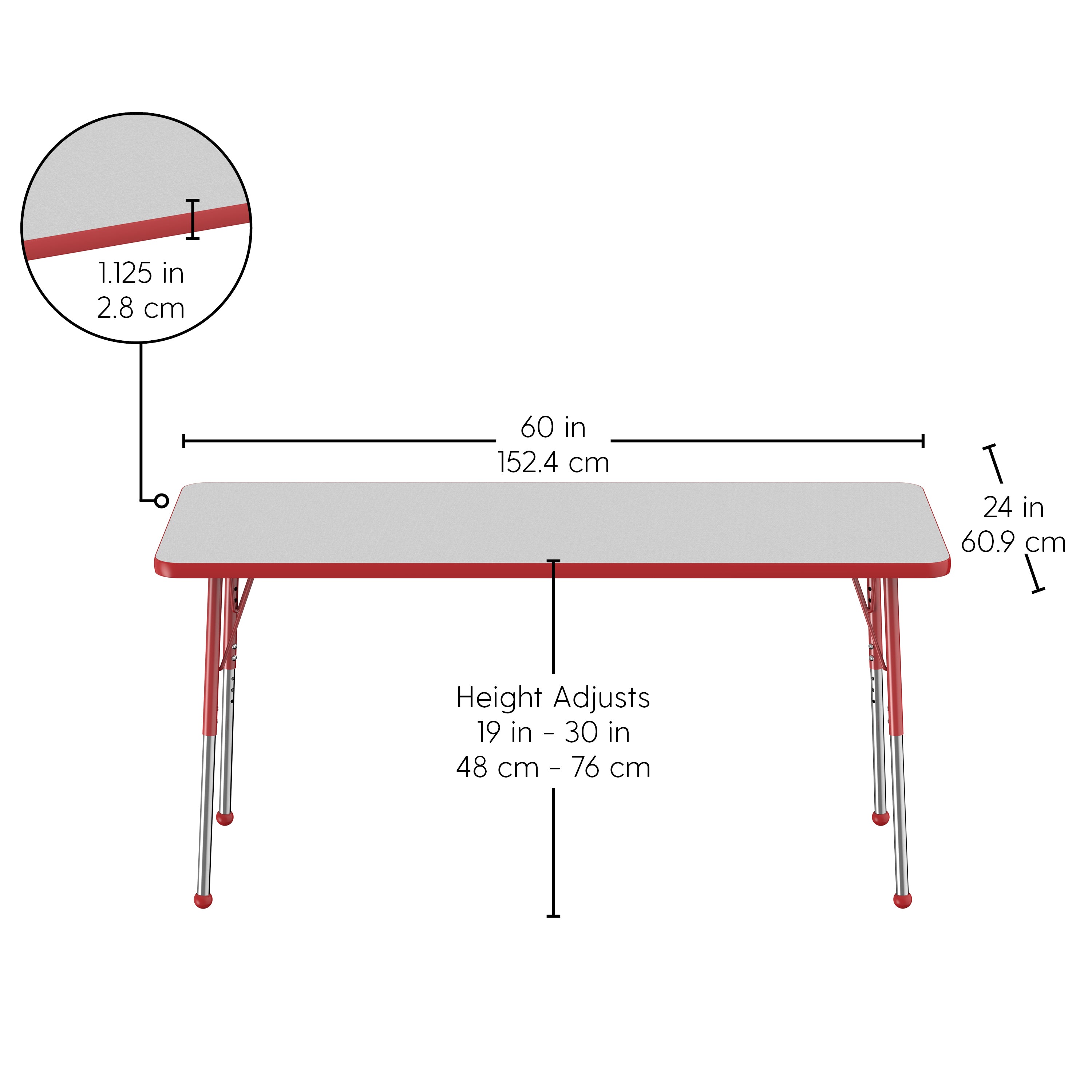 24" x 60" Rectangle T-Molding Activity Table with Adjustable Standard Ball Glide Legs - Gray/Red