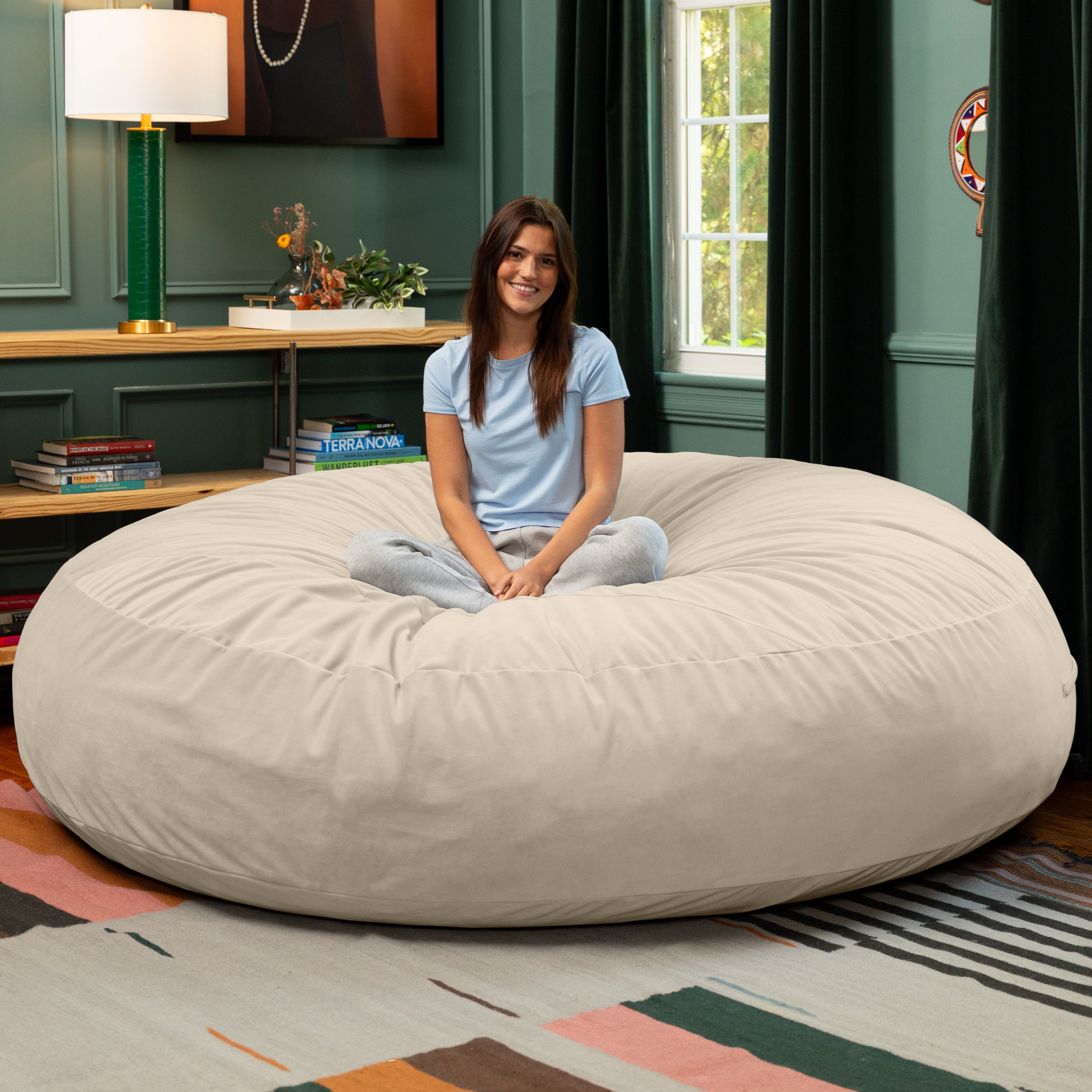 Jaxx 7 Foot Cocoon - 2-in-1 Convertible Bean Bag Bed & Large Bean Bag Chair for Adults, Lush Velvet Ivory