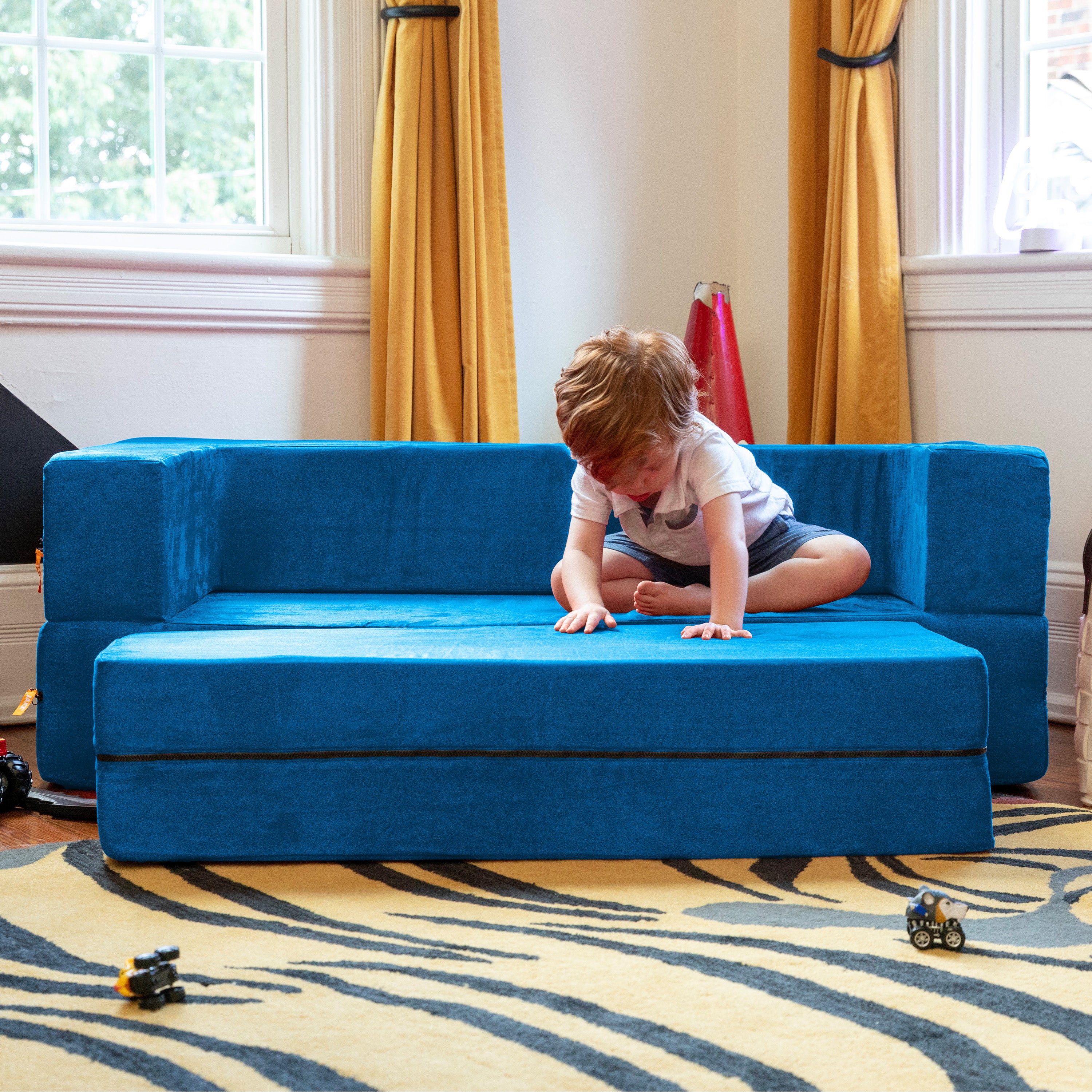 Jaxx Zipline Kids Sofa & Large Ottoman, 3 in 1 Fold Out Sofa, Big Kids Edition, Blueberry