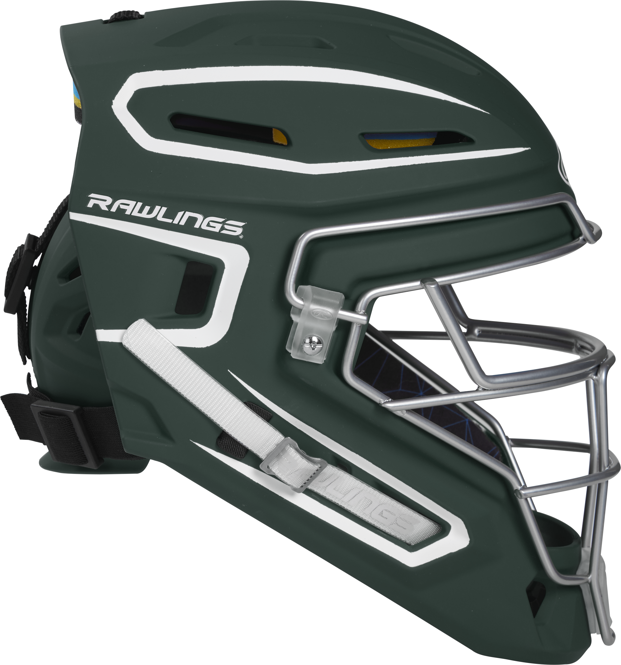 Rawlings Mach Matte 2-Tone Hockey Style Senior Catchers Helmet - Dark Green/White