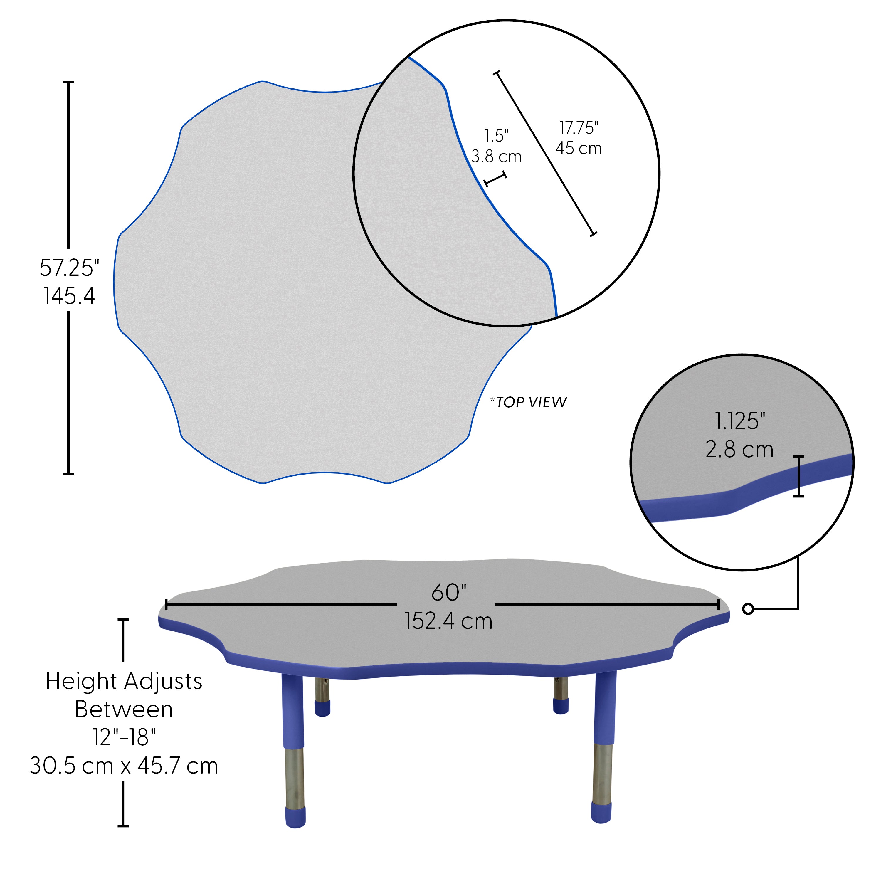 60" x 60" Flower T-Molding Activity Table with Adjustable Tiny Tot Legs - Gray/Blue
