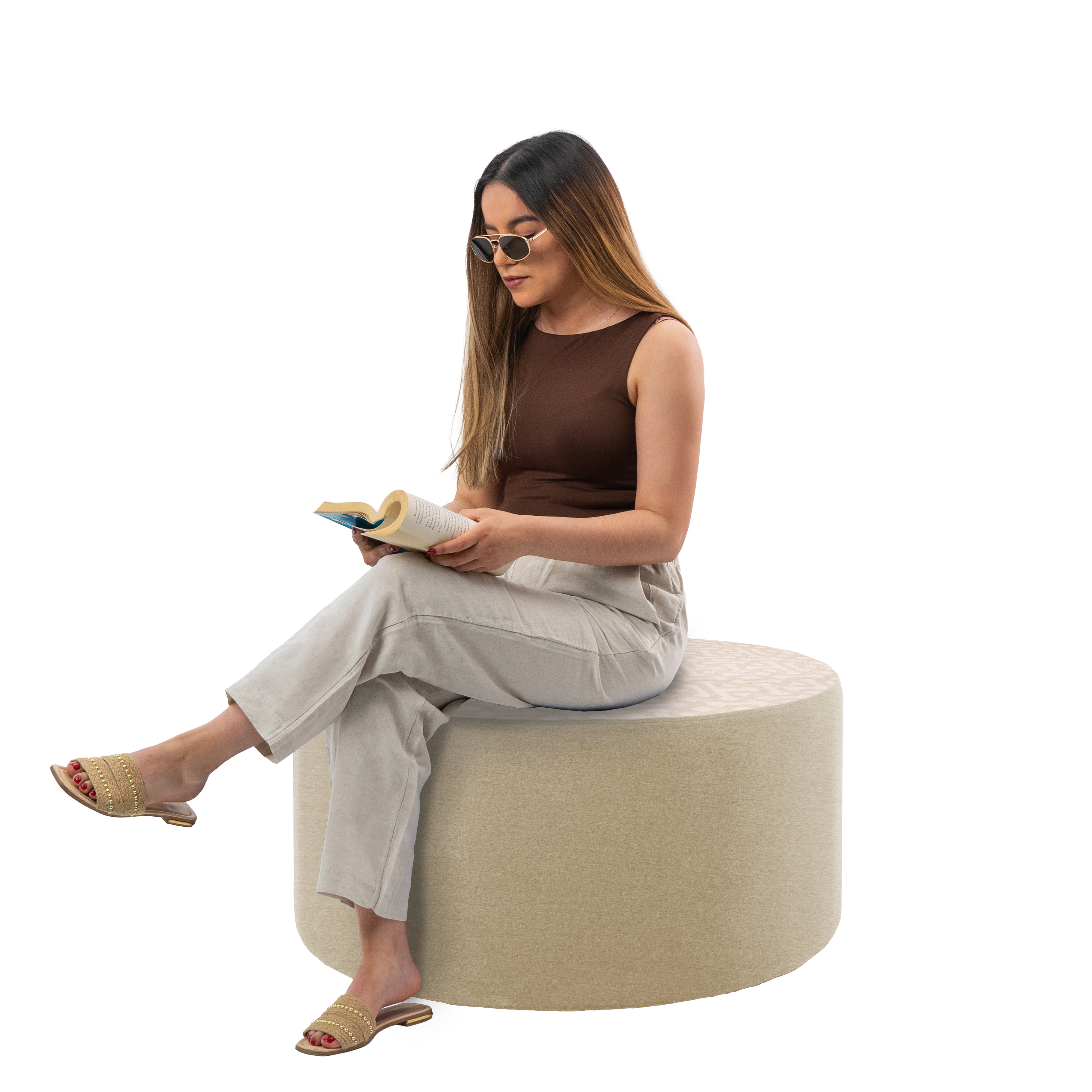 Outdoor 36" Round Ottoman with Sunbrella, 18" H - Fretwork Flax/Spectrum Sand