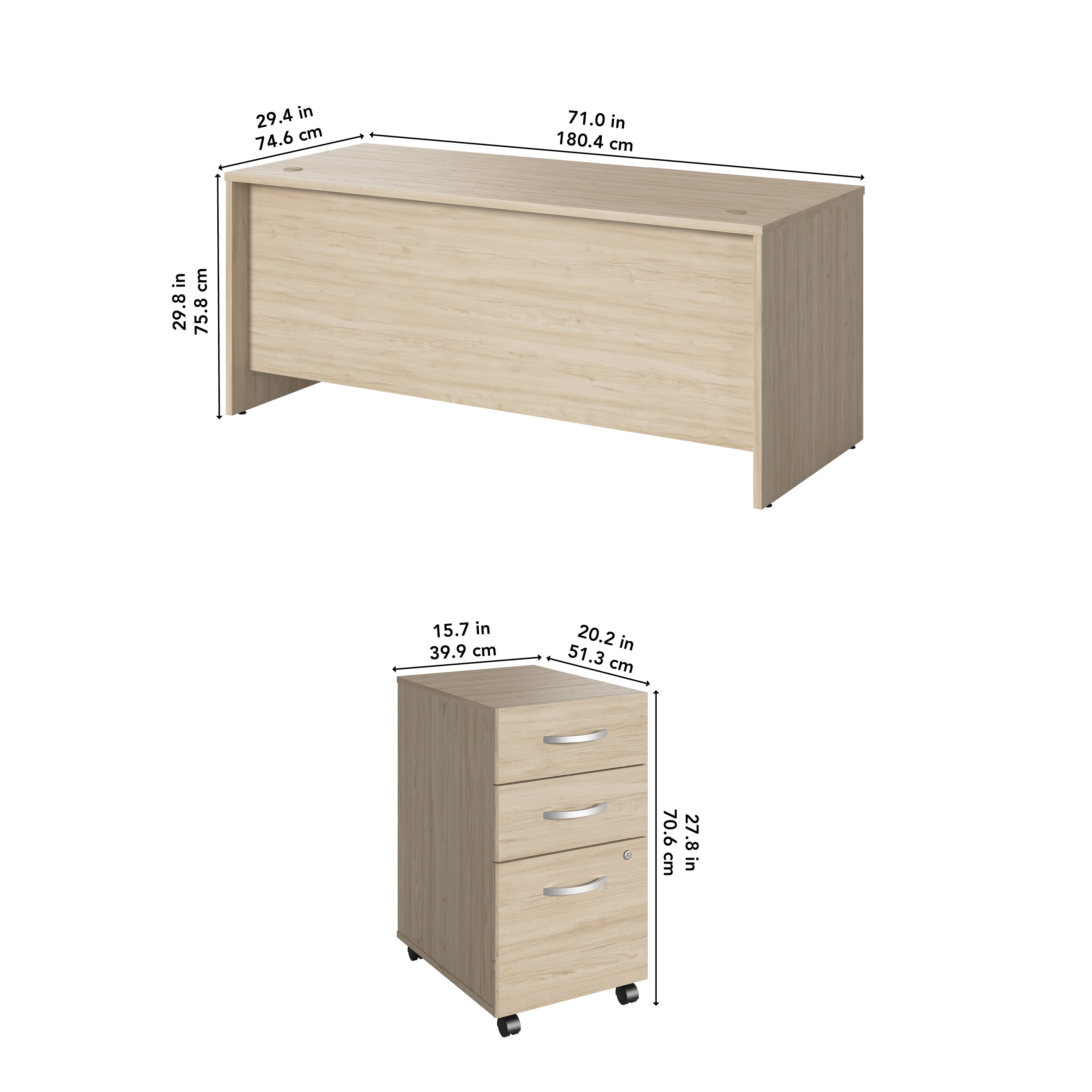 Bush Business Furniture Studio C 72W x 30D Office Desk with Mobile File Cabinet in Natural Elm - 71.02" Width x 29.37" Depth x 29.84" Height