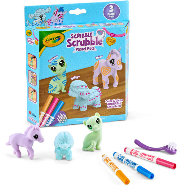 Crayola Scribble Scrubbie Pastel Pets (3ct), Grooming Pet Toy for Kids, With Washable Markers & Brush, Gift for Girls & Boys, 3+
