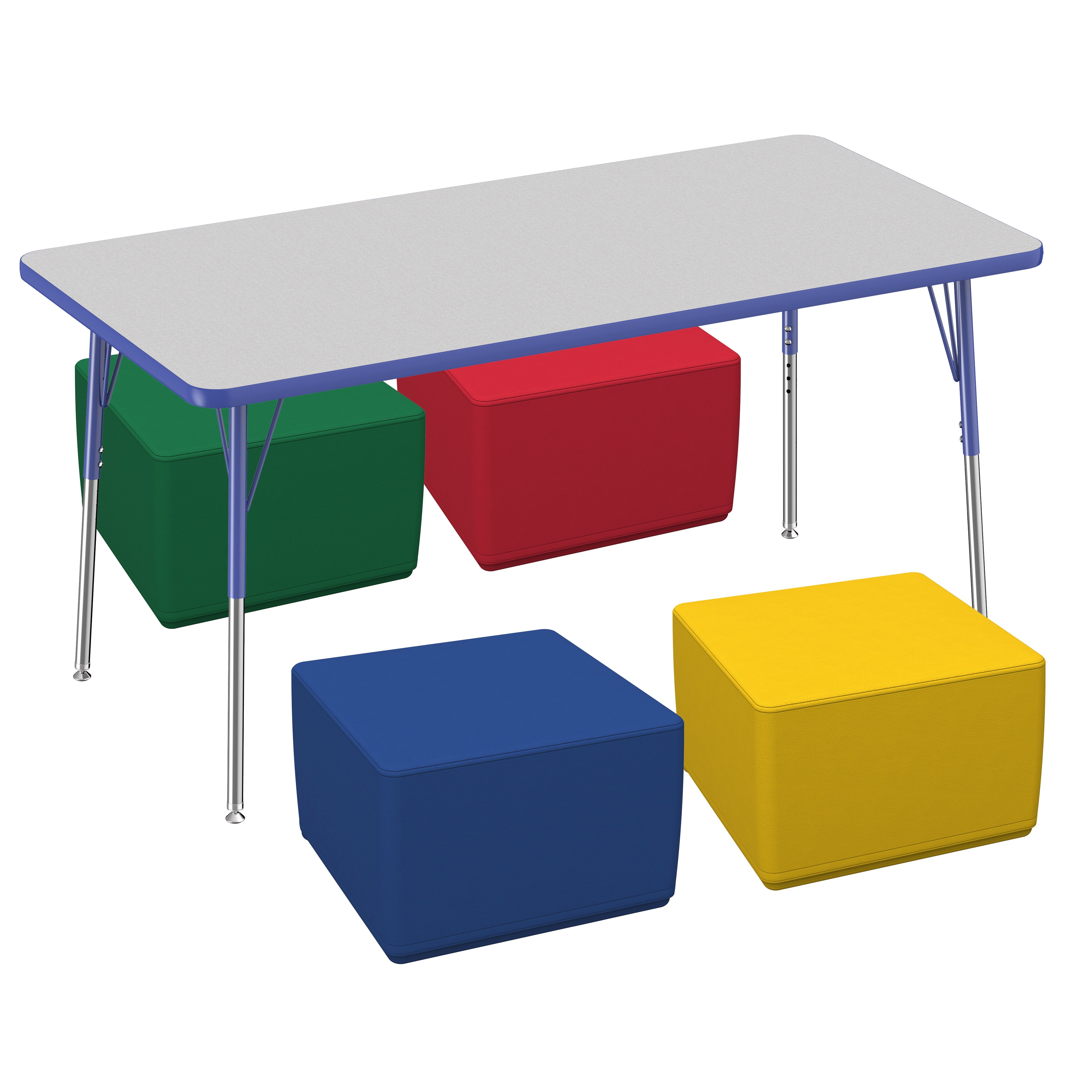 30" x 60" Rectangle T-Molding Activity Table with Standard Swivel Legs and Square Ottomans 12" Height, 5-Piece Set - Gray/Blue/Assorted