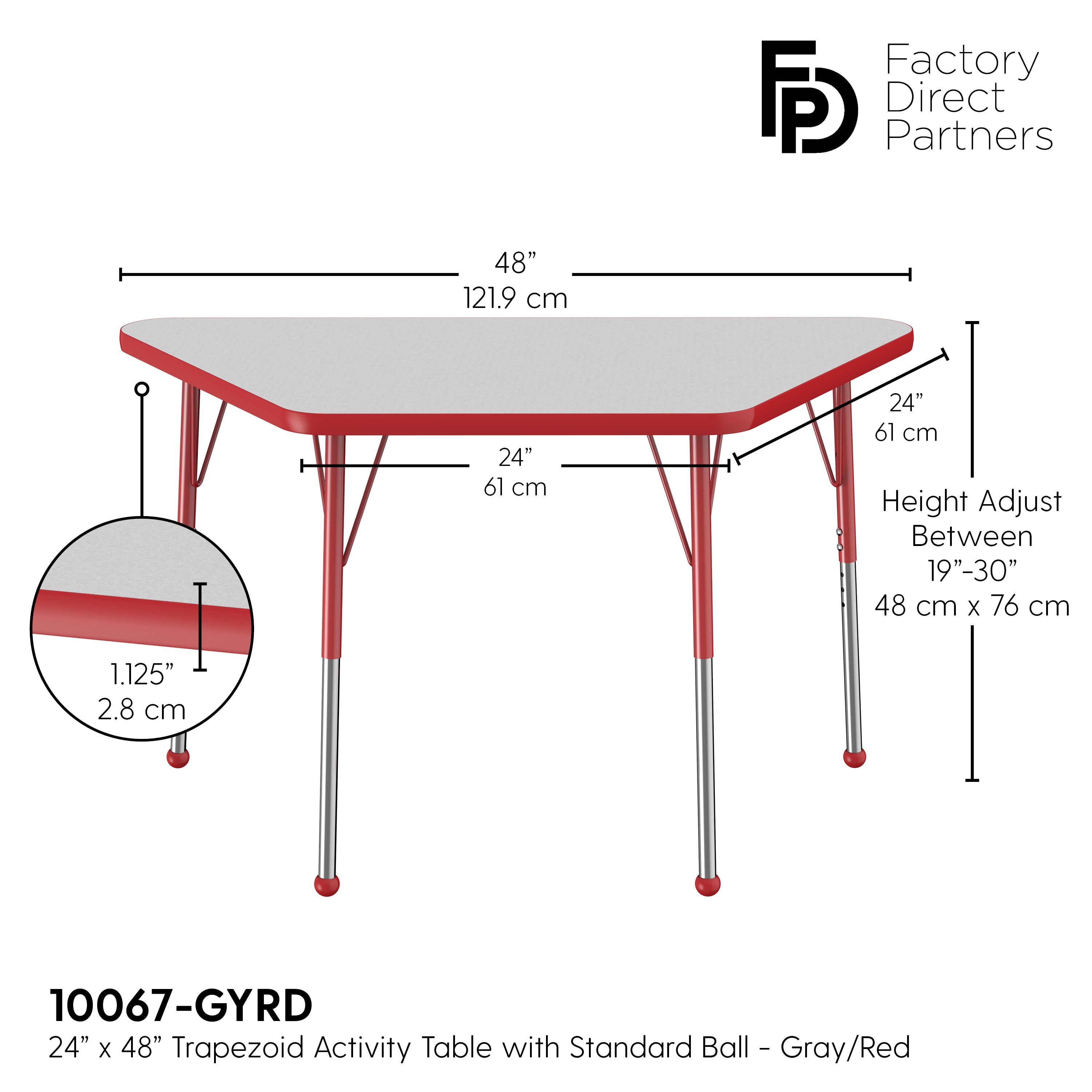 24" x 48" Trapezoid T-Molding Activity Table with Adjustable Standard Ball Glide Legs - Gray/Red