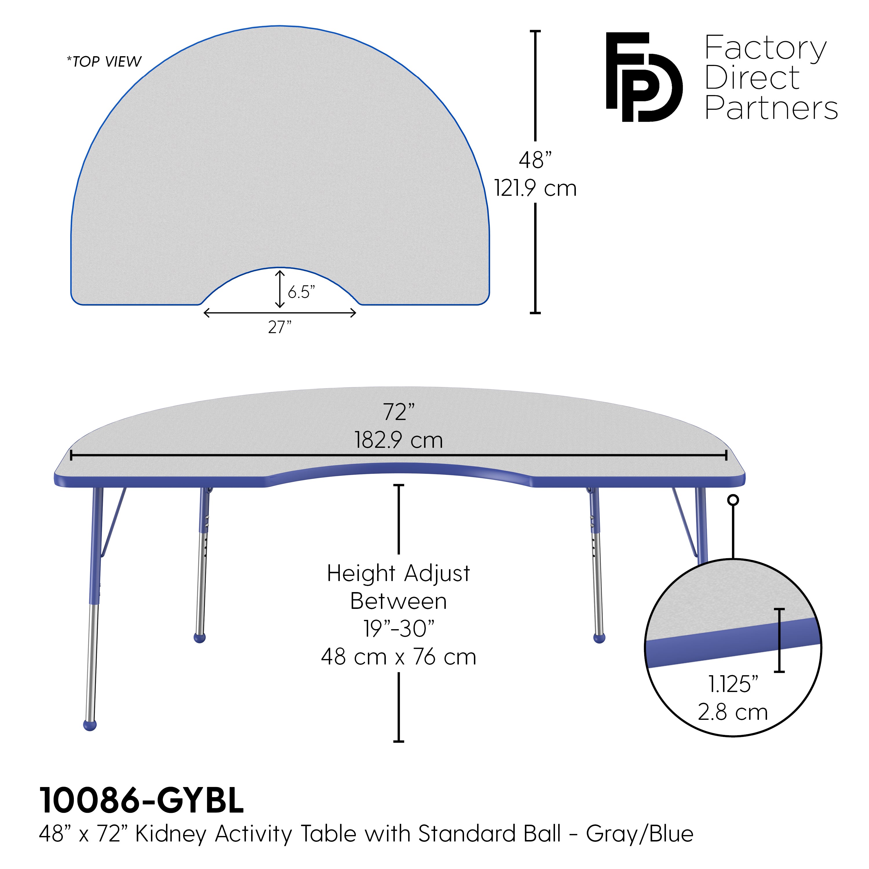 48" x 72" Kidney T-Molding Activity Table with Adjustable Standard Ball Glide Legs - Gray/Blue