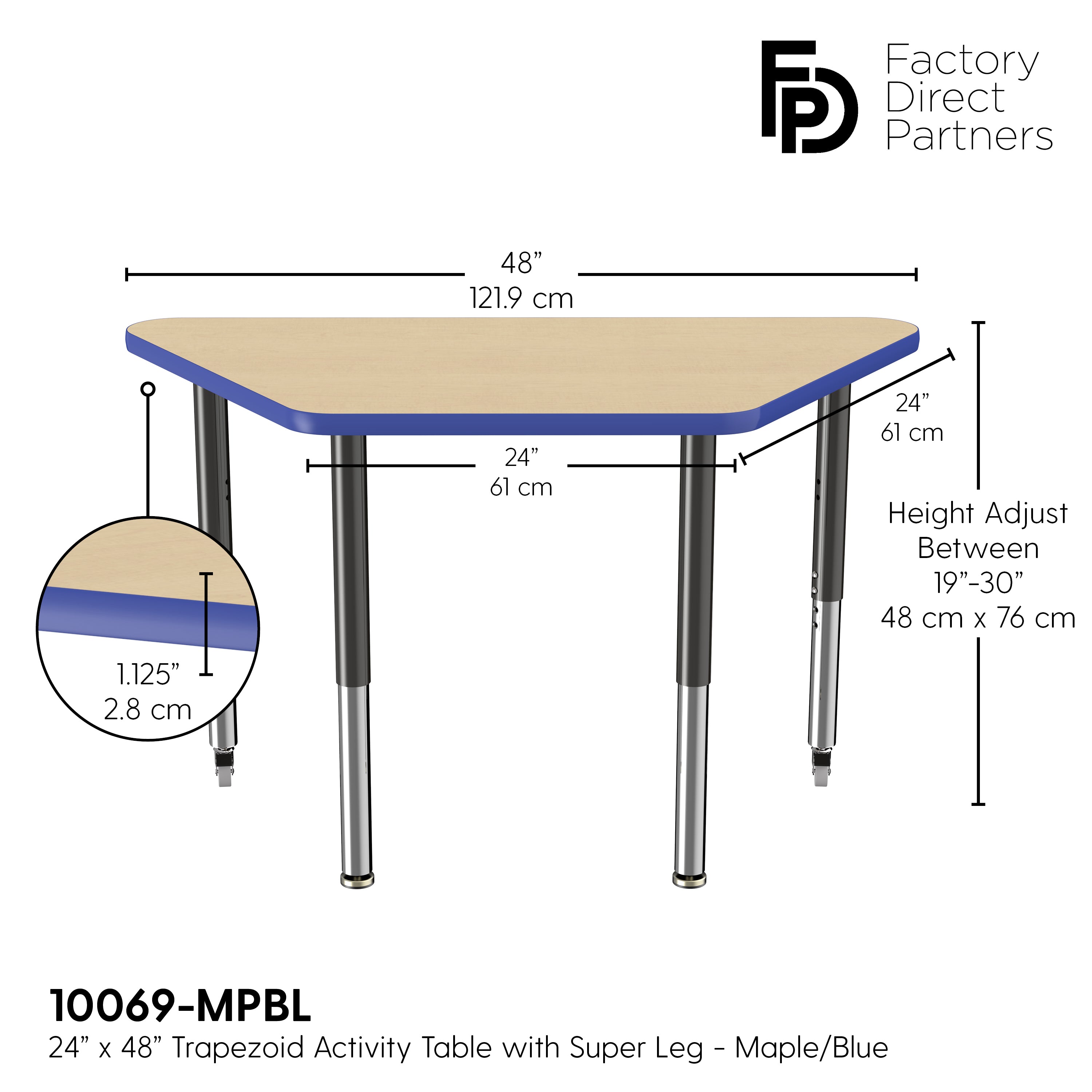24" x 48" Trapezoid T-Molding Activity Table with Adjustable Super Legs - Maple/Blue/Black
