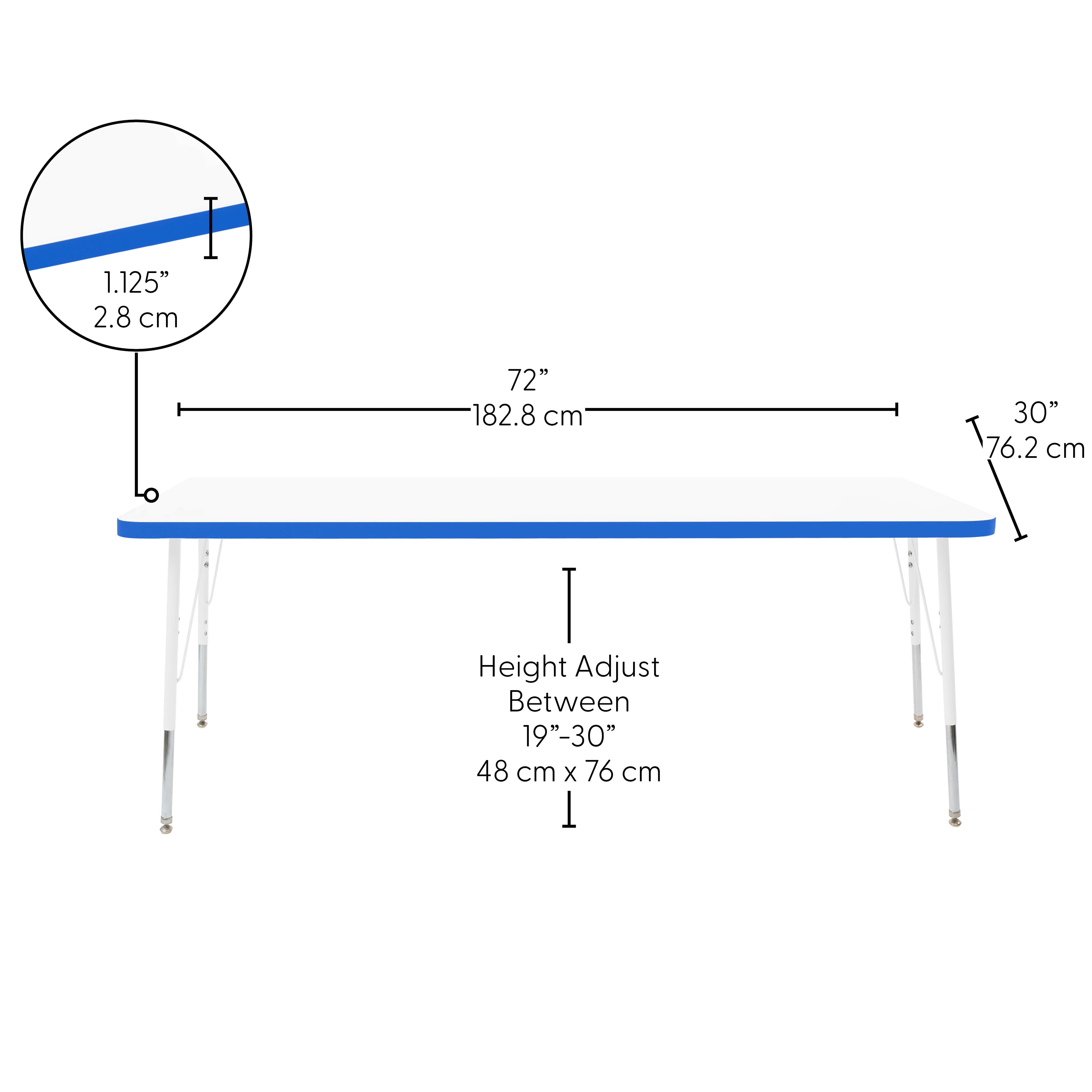30" x 72" Rectangle Thermofused Activity Table with Adjustable Standard Swivel Glide Legs - White/Blue/White