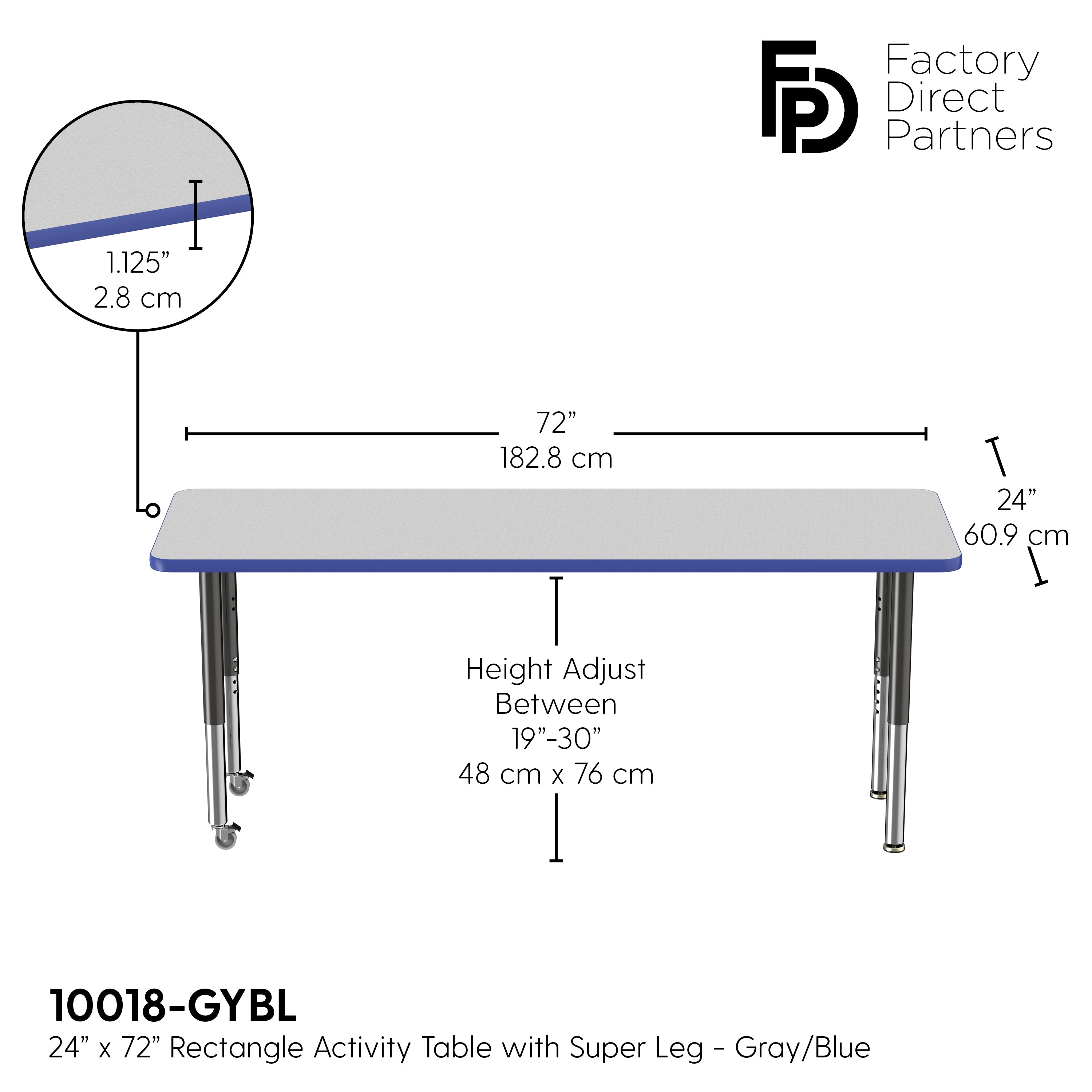 24" x 72" Rectangle T-Molding Activity Table with Adjustable Super Legs - Gray/Blue/Black