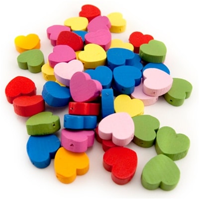 Wooden Colored Heart Beads, 50