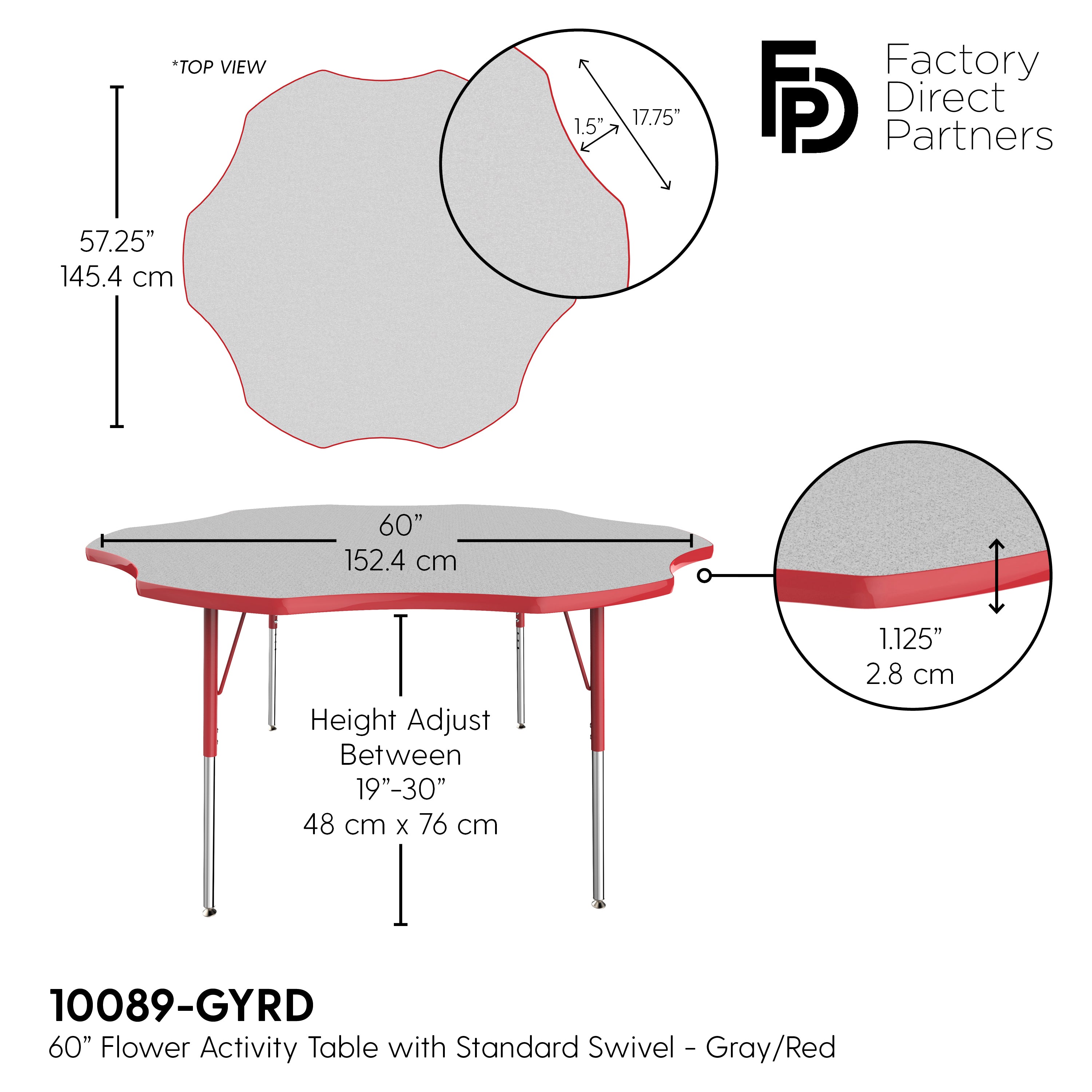 60" x 60" Flower T-Molding Activity Table with Adjustable Standard Swivel Glide Legs - Gray/Red