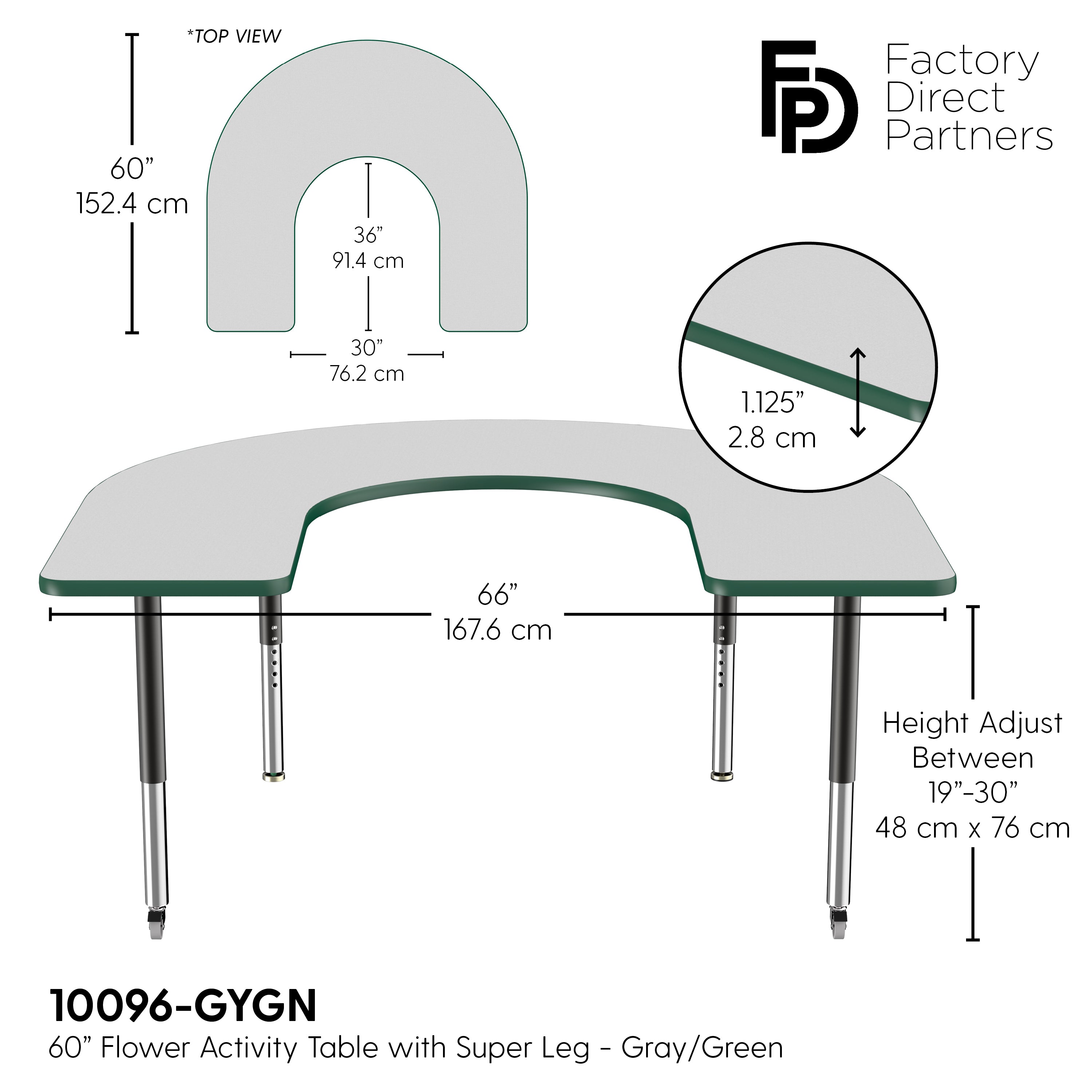 60" x 66" Horseshoe T-Molding Activity Table with Adjustable Super Legs - Gray/Green/Black