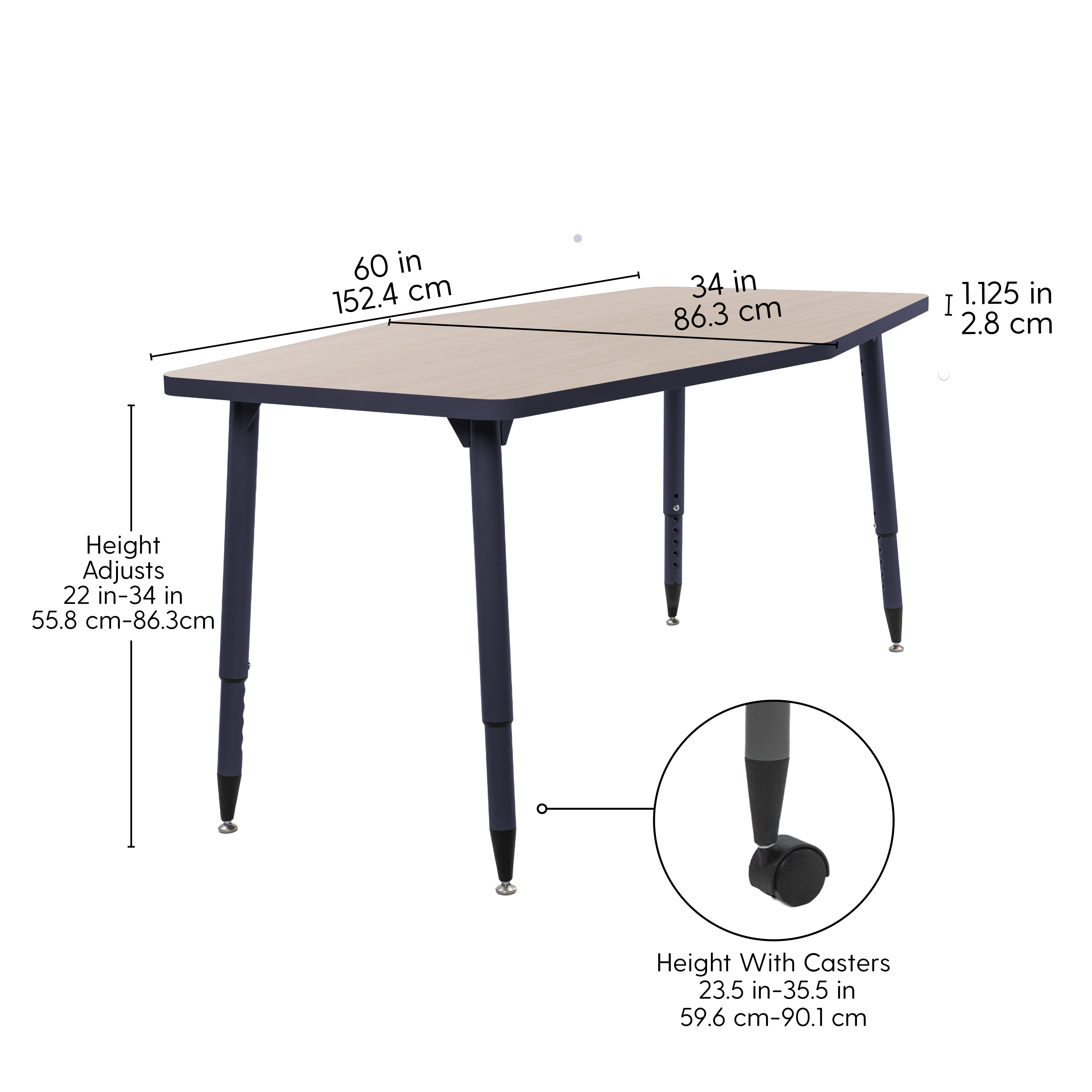 Adapte 34" x 60" Long Hexagon Thermofused Activity Table with Adjustable Tapered Legs - Asian Sand/Navy