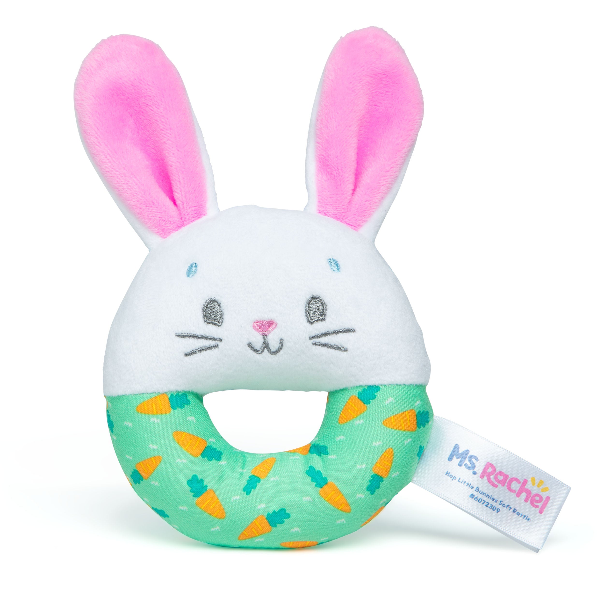 Ms. Rachel Official Hop Little Bunnies Soft Rattle Toy, Baby Teething Toys with Plush Bunny Cover, Toddler Toys for Girls & Boys for Ages 3 Months to 1+