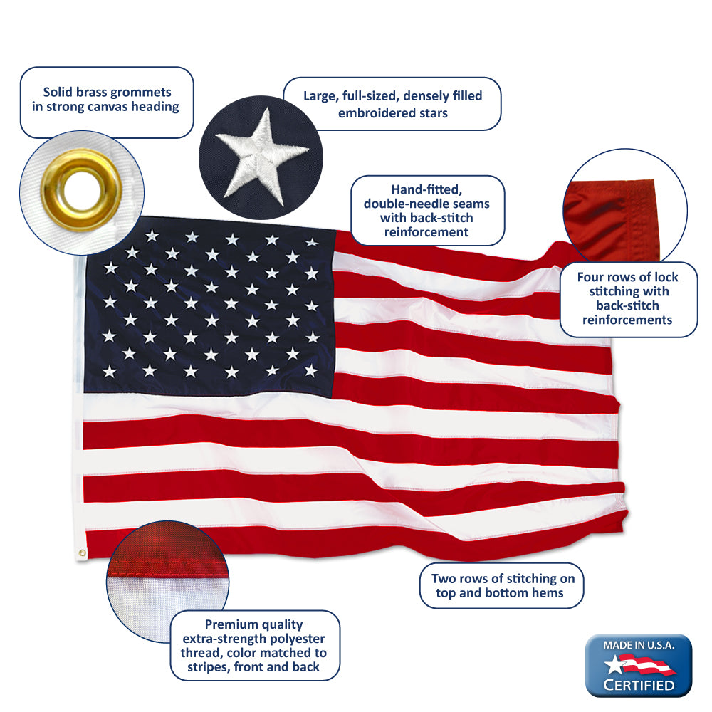 American Flag 3x5 ft. Nylon SolarGuard Nyl-Glo , 100% Made in USA with Sewn Stripes, Embroidered Stars and Brass Grommets.