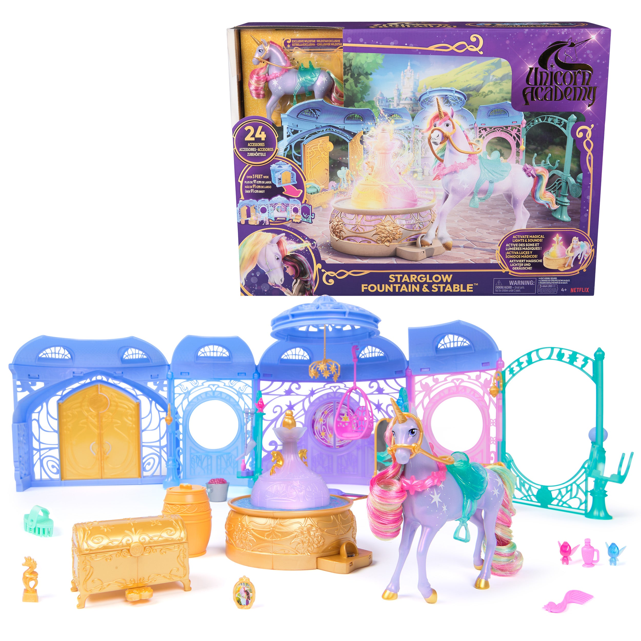 Unicorn Academy, Starglow Fountain & Stable Playset with Wildstar, Lights & Sounds, 24 Accessories, Dolls & Unicorn Toys for Girls Ages 4 and up