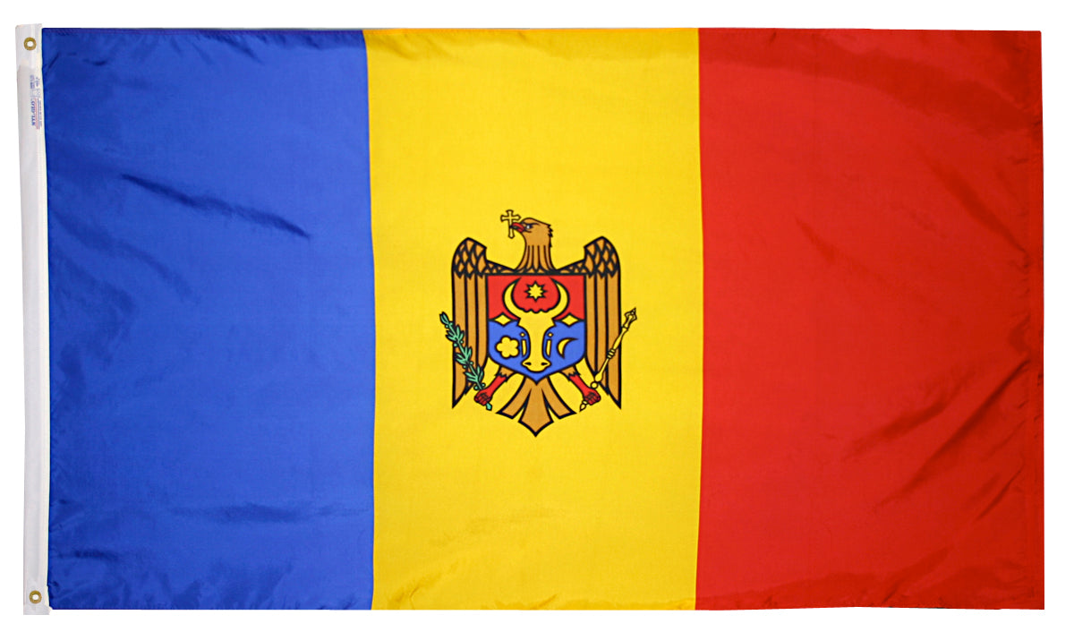 Moldova Flag 5x8 ft. Nylon SolarGuard Nyl-Glo 100% Made in USA to Official United Nations Design Specifications.