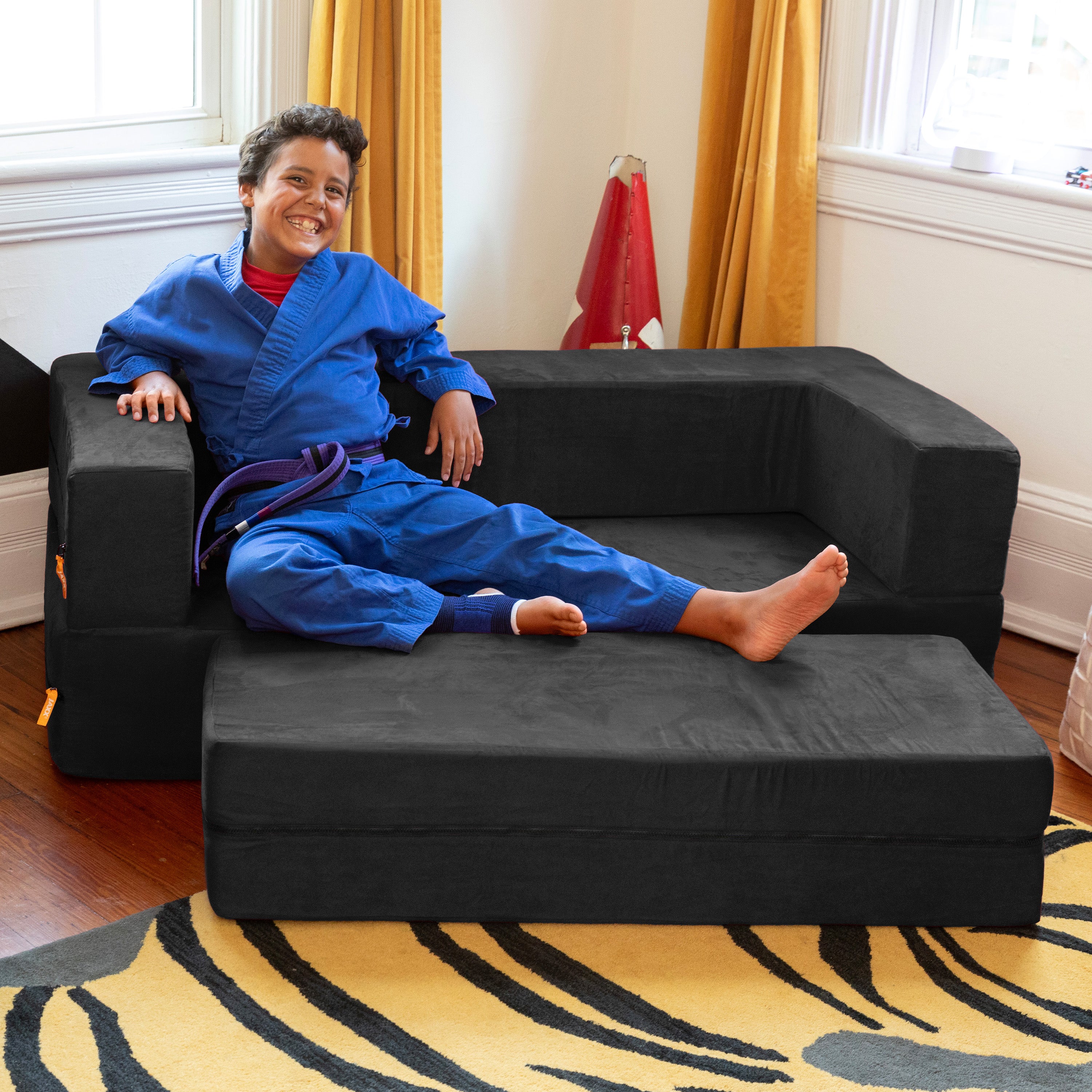 Jaxx Zipline Kids Sofa & Large Ottoman, 3 in 1 Fold Out Sofa, Big Kids Edition, Black