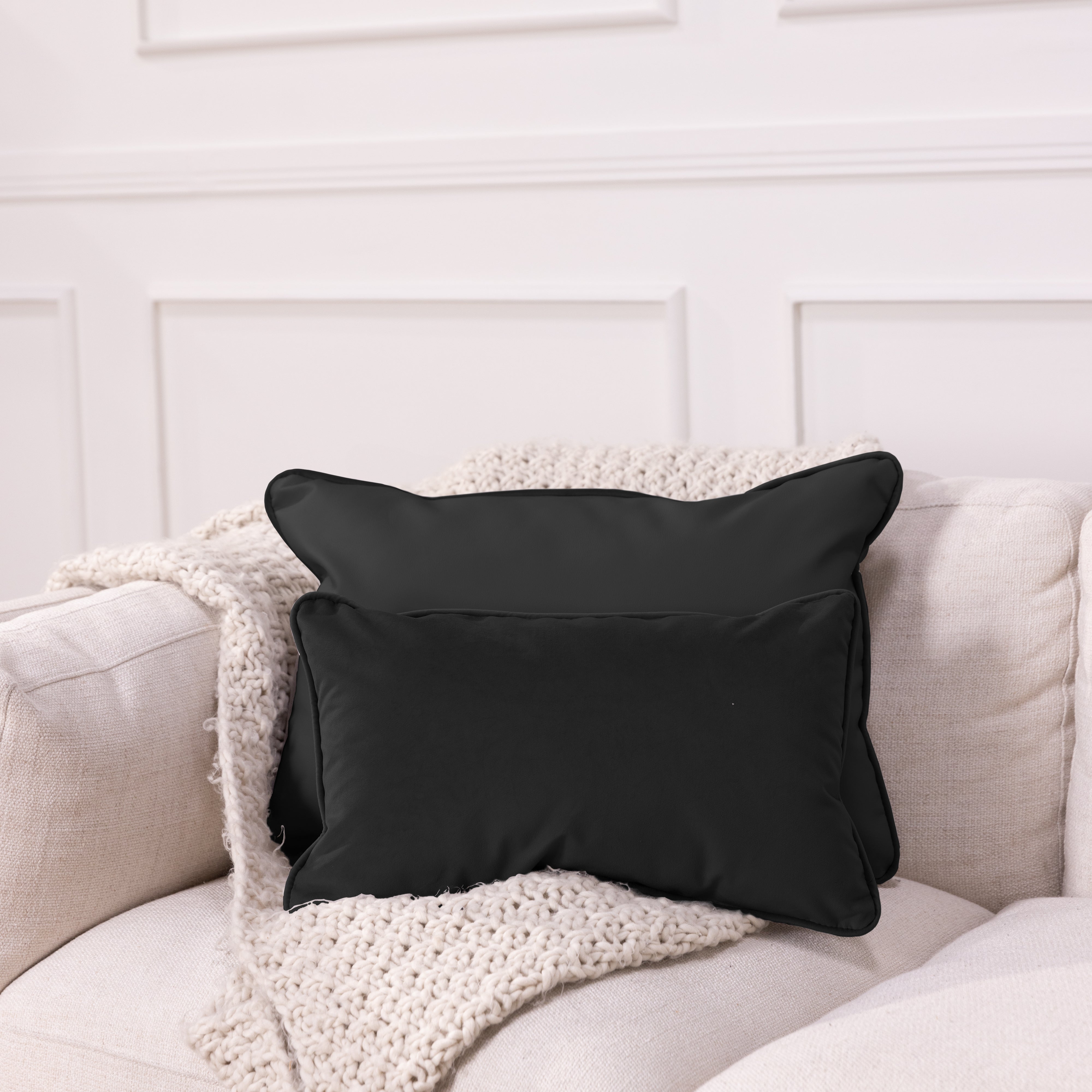 12" x 20" Rectangle Lumbar Microfiber and Faux Leather Pillow with Piping, 2-Piece - Onyx