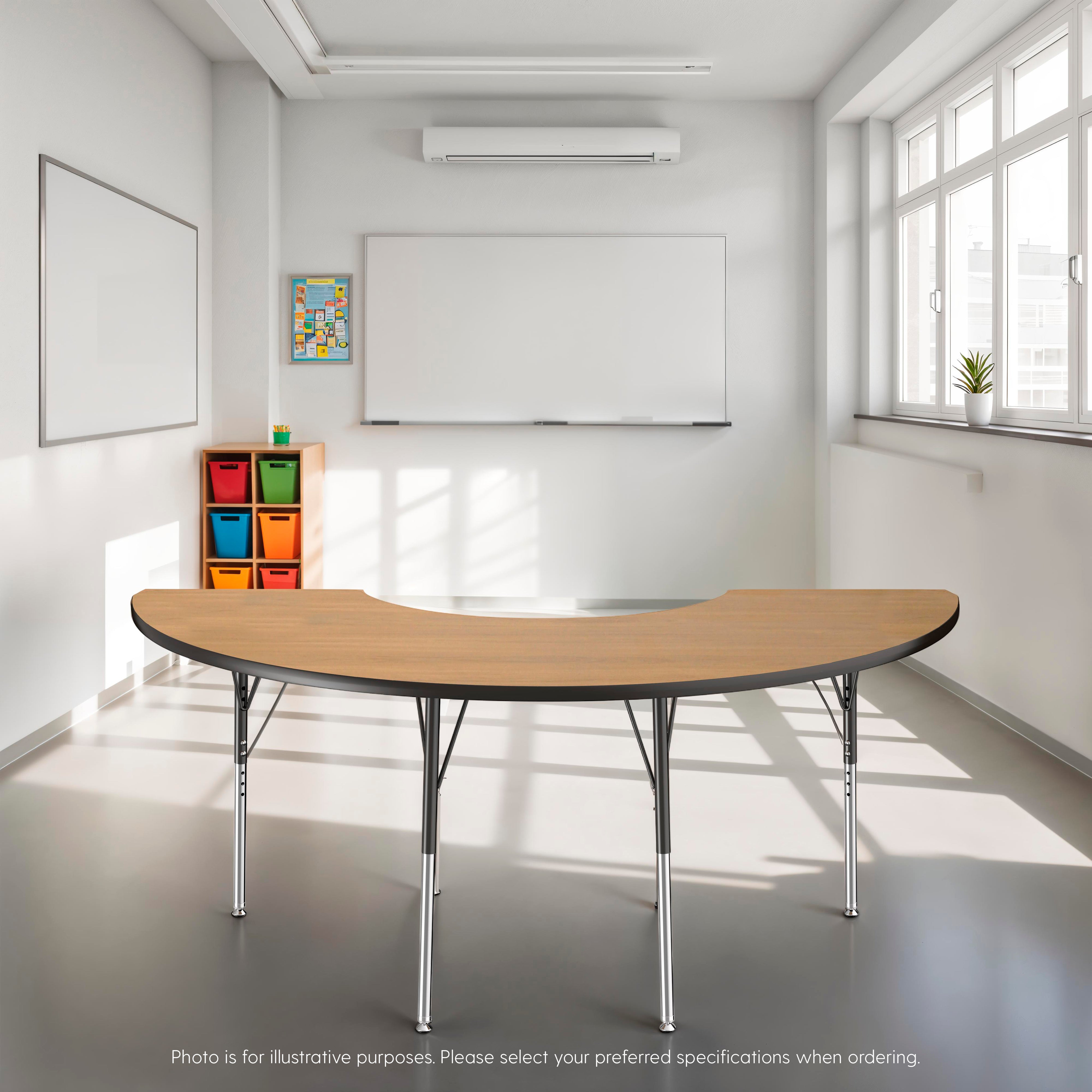 36" x 72" Half Moon T-Molding Activity Table with Adjustable Super Legs - Pasadena Oak/Black