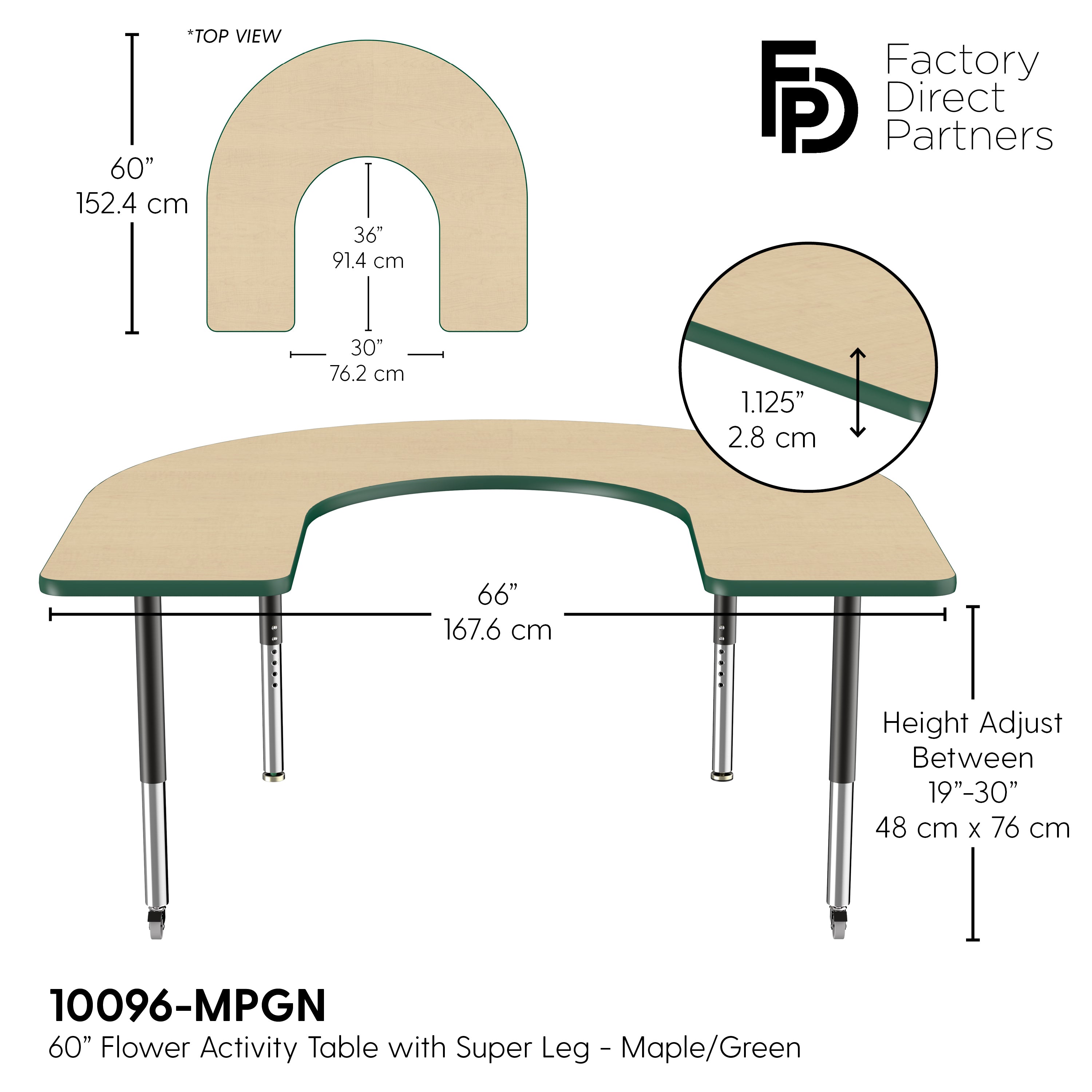 60" x 66" Horseshoe T-Molding Activity Table with Adjustable Super Legs - Maple/Green/Black