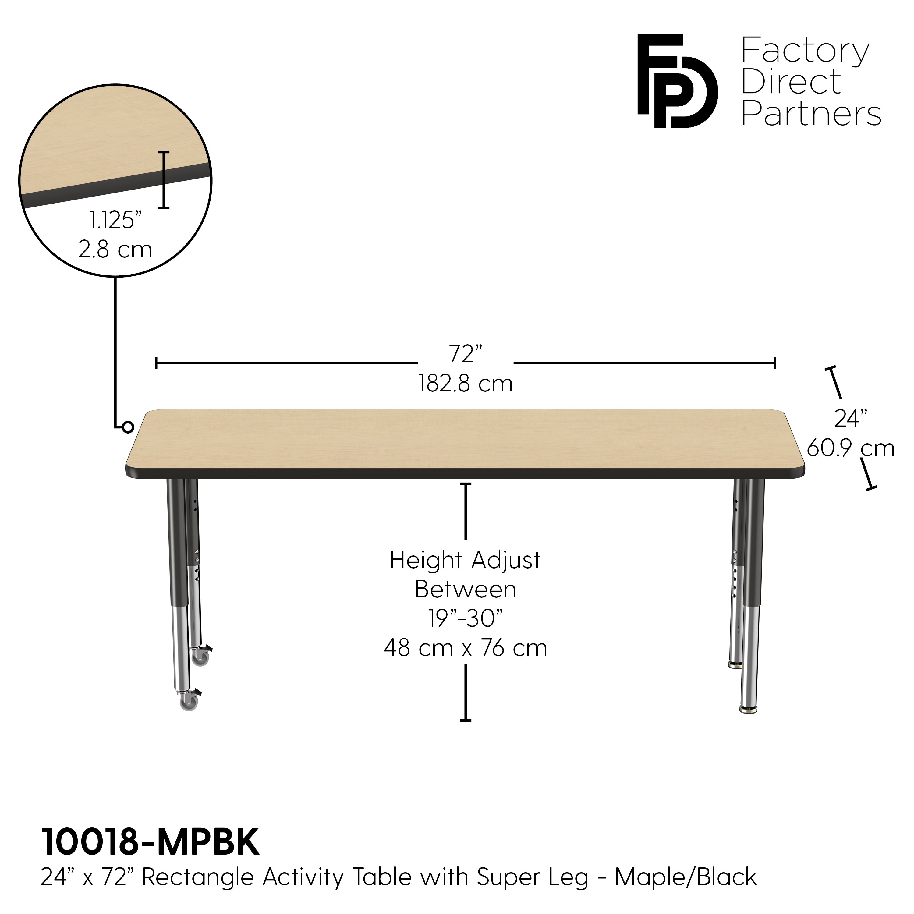 24" x 72" Rectangle T-Molding Activity Table with Adjustable Super Legs - Maple/Black