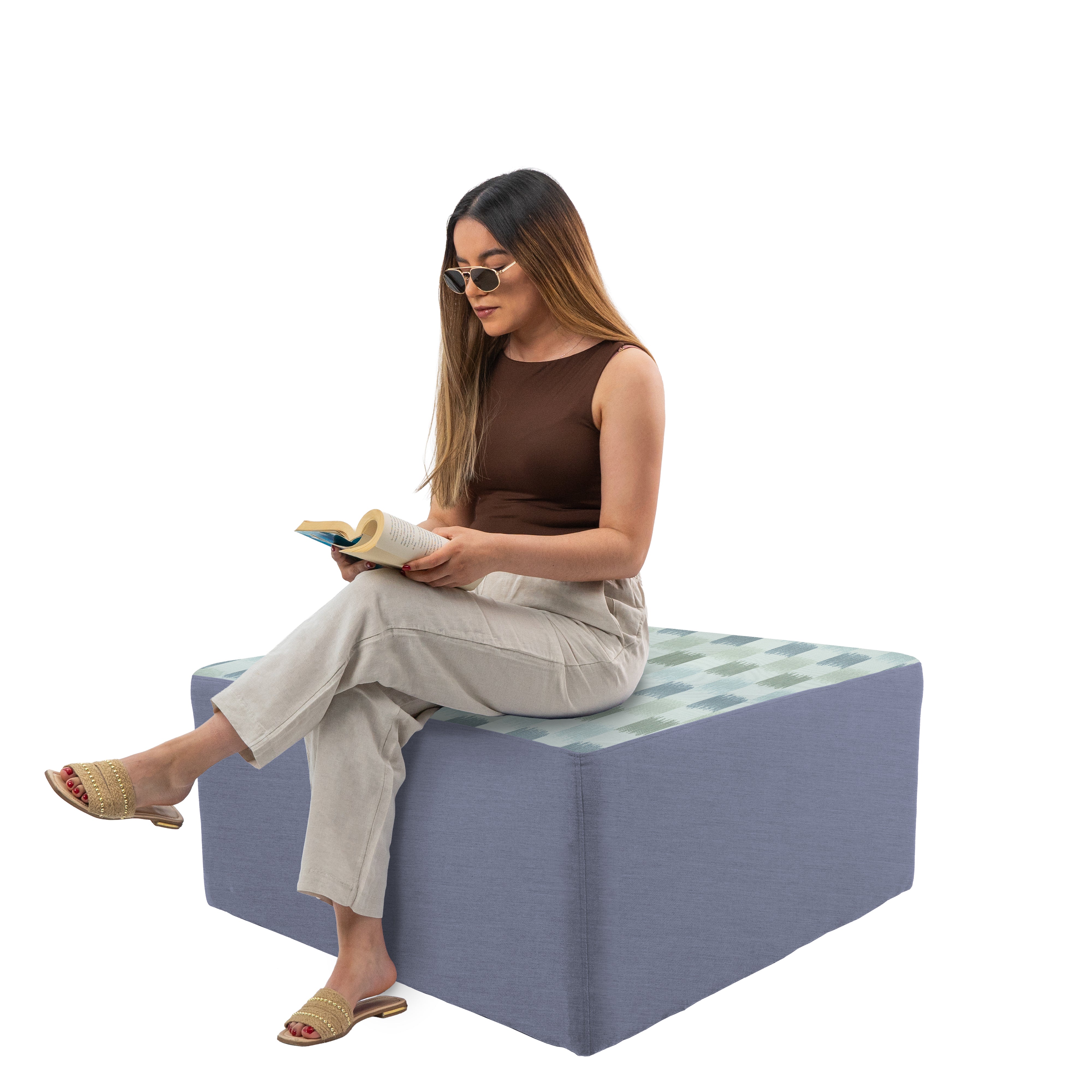 Outdoor 36" Square Ottoman with Sunbrella, 18" H - Dream Mist/Canvas Haze