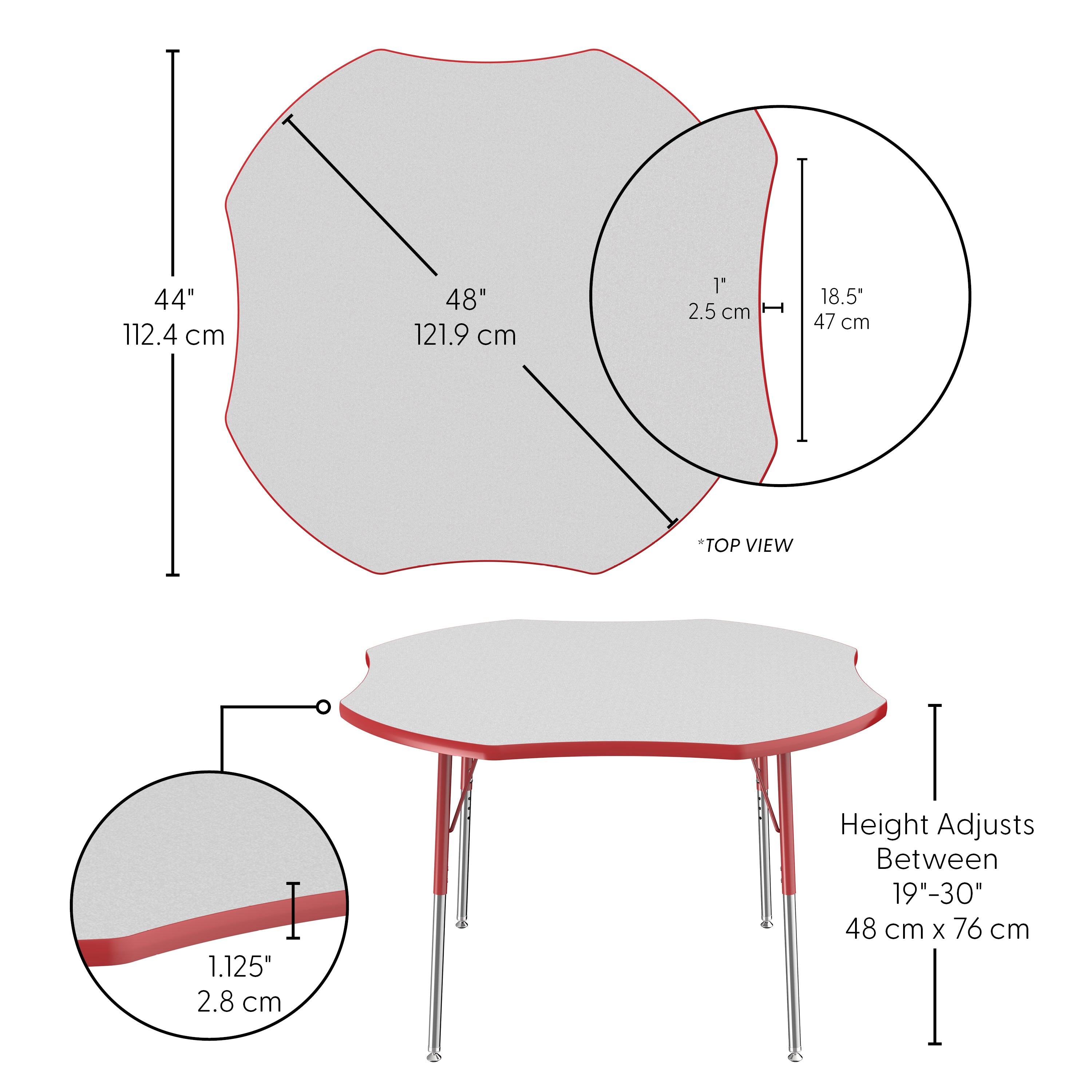 48" x 48" Clover T-Molding Activity Table with Adjustable Standard Swivel Glide Legs - Gray/Red