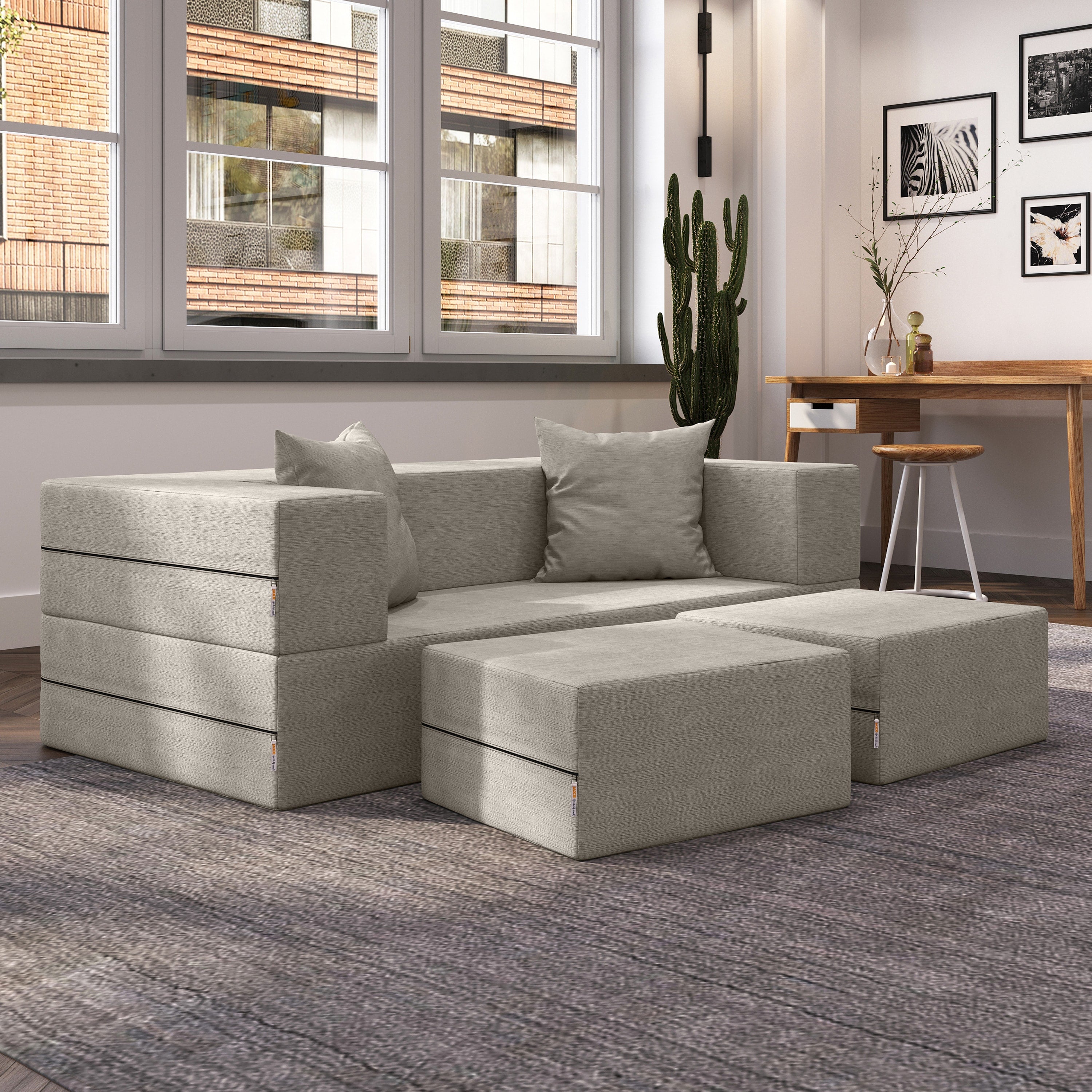 Jaxx Zipline Convertible Sleeper Loveseat & Ottomans, Textured Microvelvet - Dove Grey