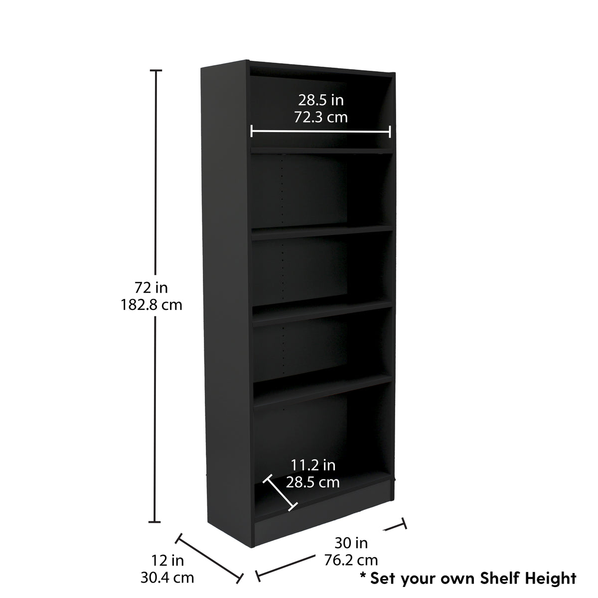 Laminate 5-Shelf Bookcase 72" Height - Black