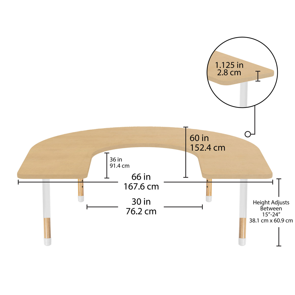 60" x 66" Horseshoe Thermofused Activity Table with Adjustable Chunky Wood Legs - Maple Grain/White/Natural