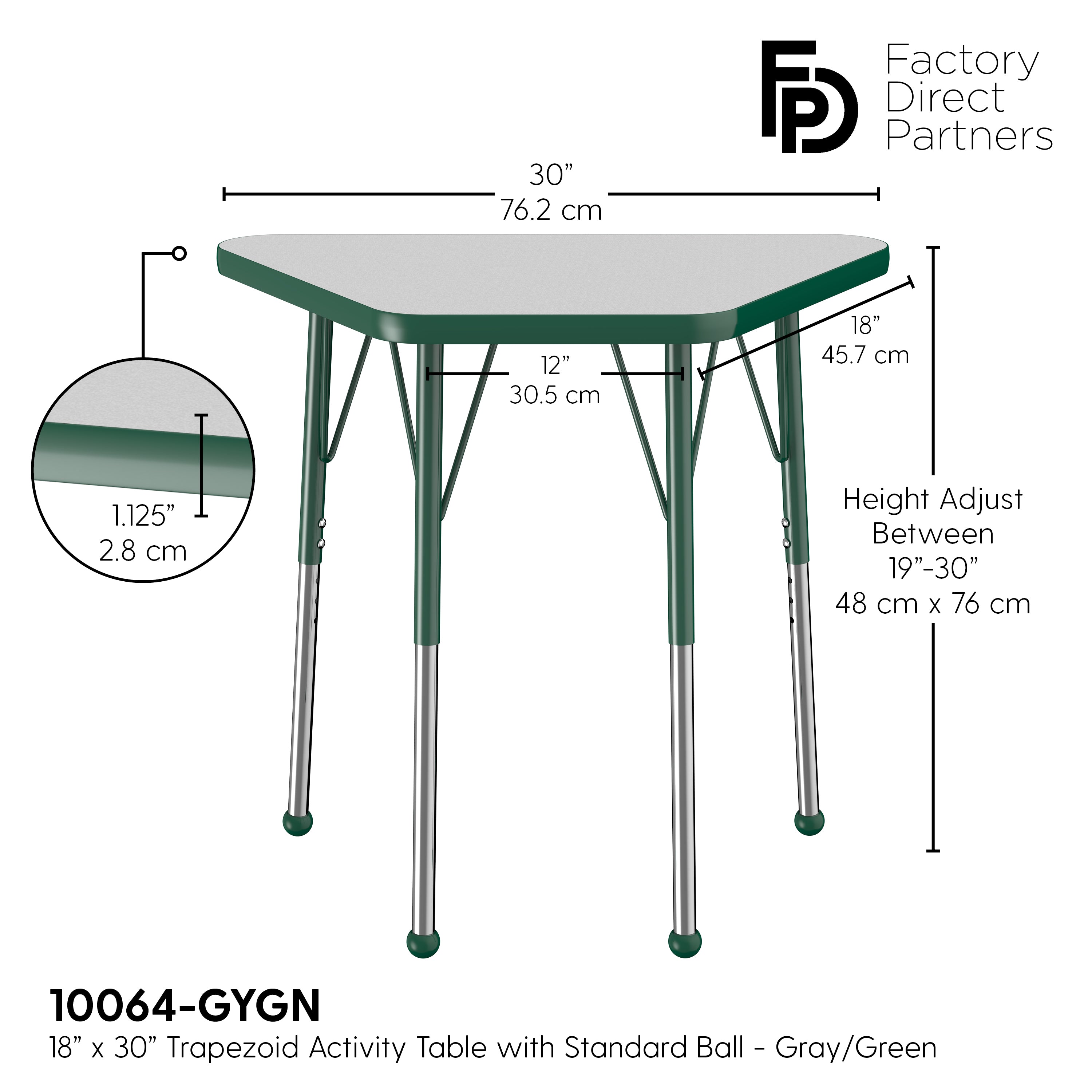 18" x 30" Trapezoid T-Molding Activity Table with Adjustable Standard Ball Glide Legs - Gray/Green