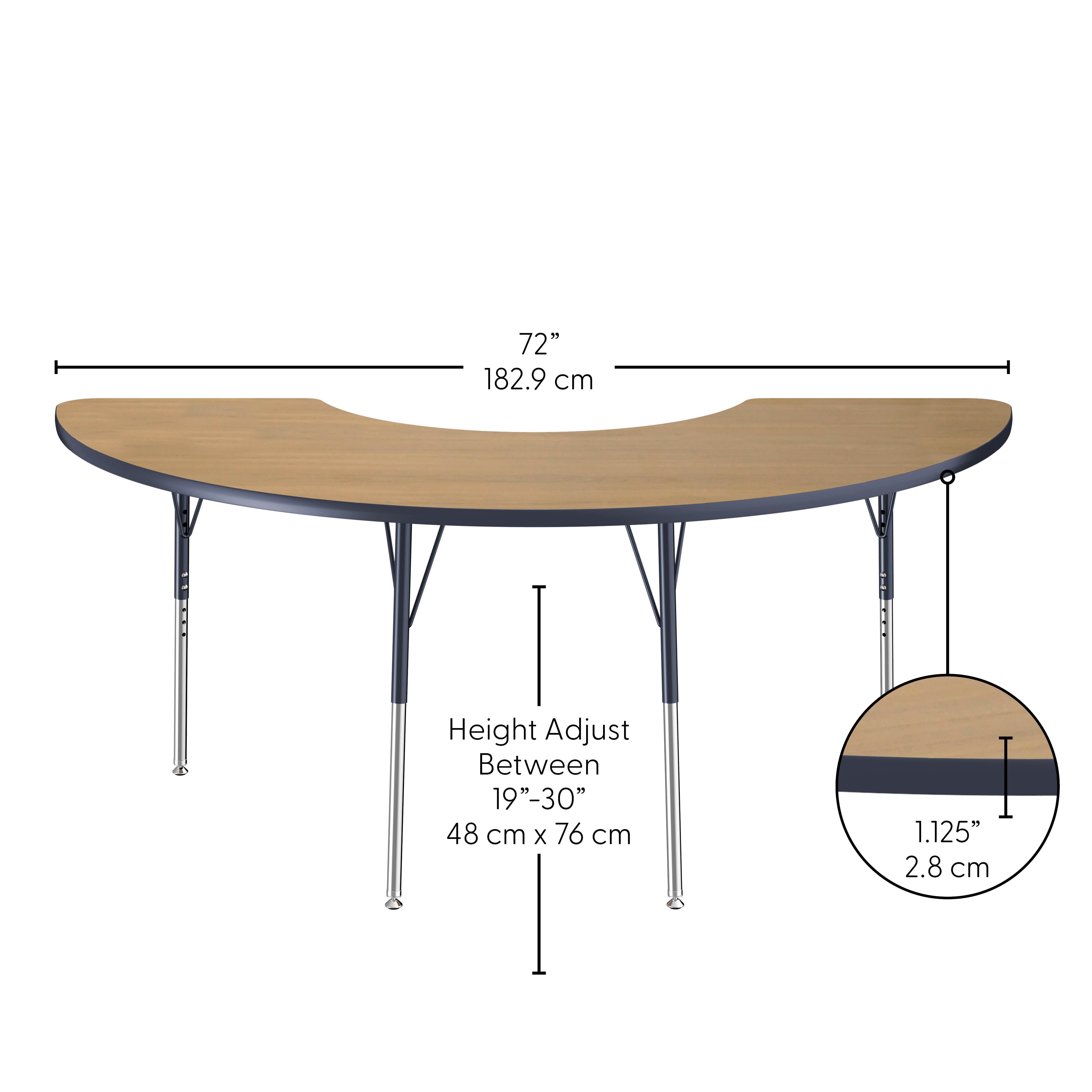36" x 72" Half Moon T-Molding Activity Table with Adjustable Standard Swivel Glide Legs - Pasadena Oak/Navy