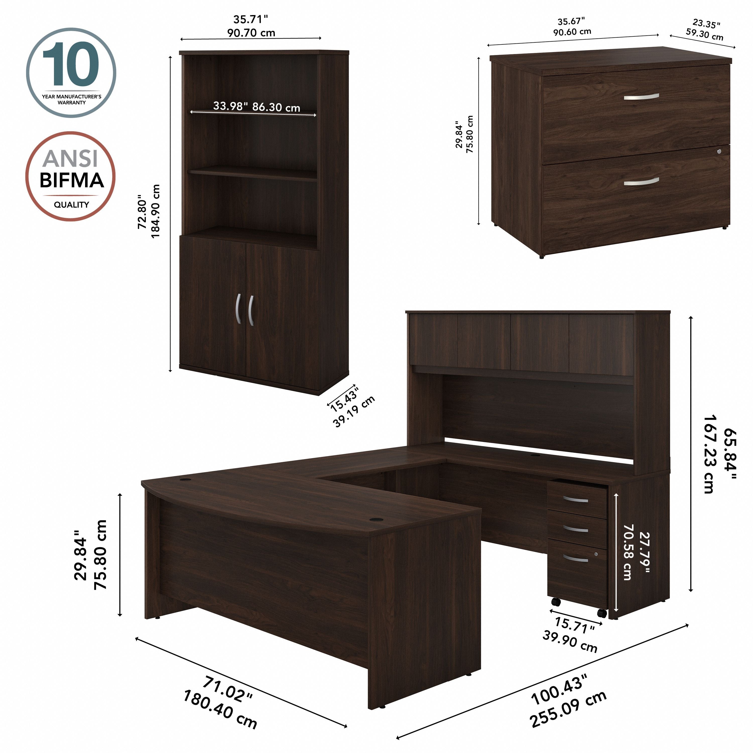 Bush Business Furniture Studio C 72W x 36D U Shaped Desk with Hutch, Bookcase and File Cabinets in Black Walnut - 71.02" Width x 100.43" Depth x 72.8" Height