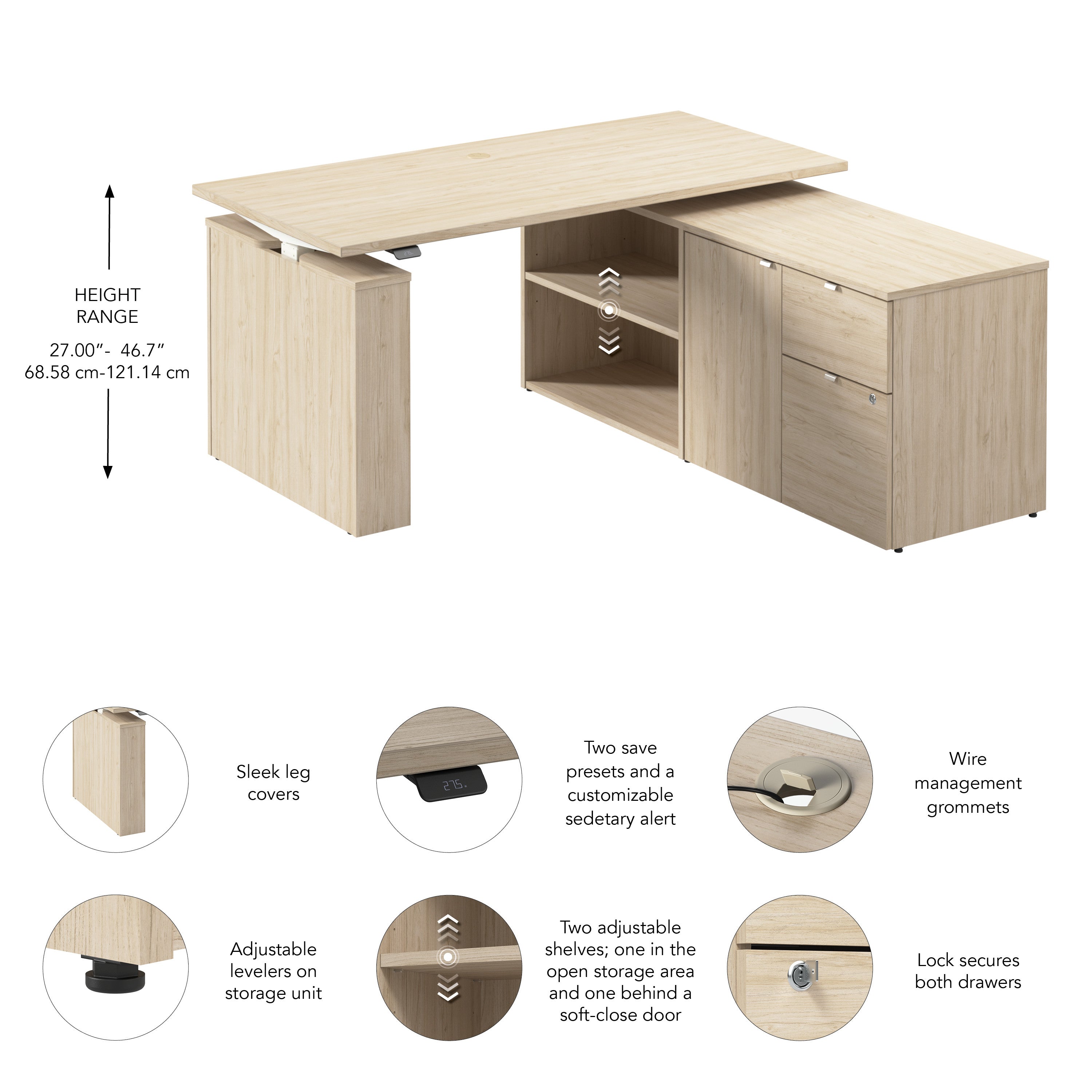 Bush Business Furniture Stratus&nbsp;60W x&nbsp;30D Electric Height Adjustable Standing Desk with Storage in Natural Elm with White Base - 59.45" Width x 29.37" Depth x 27.44" Height