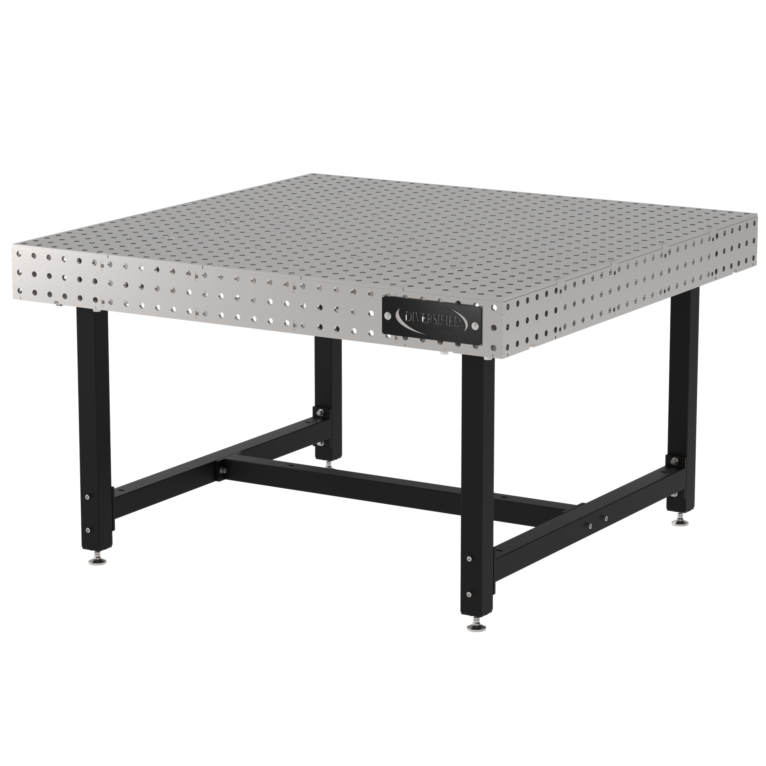 Welding Fixture Table, Fixed Height, 36"H x 60"L x 60"D, 1/4" Carbon Steel Top, Four Black Powdercoat Legs, Self-Leveling Feet